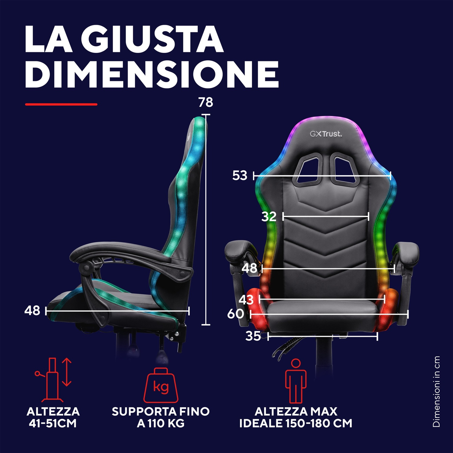 Sedia da gaming nera con illuminazione RGB, con dimensioni e peso massimo.