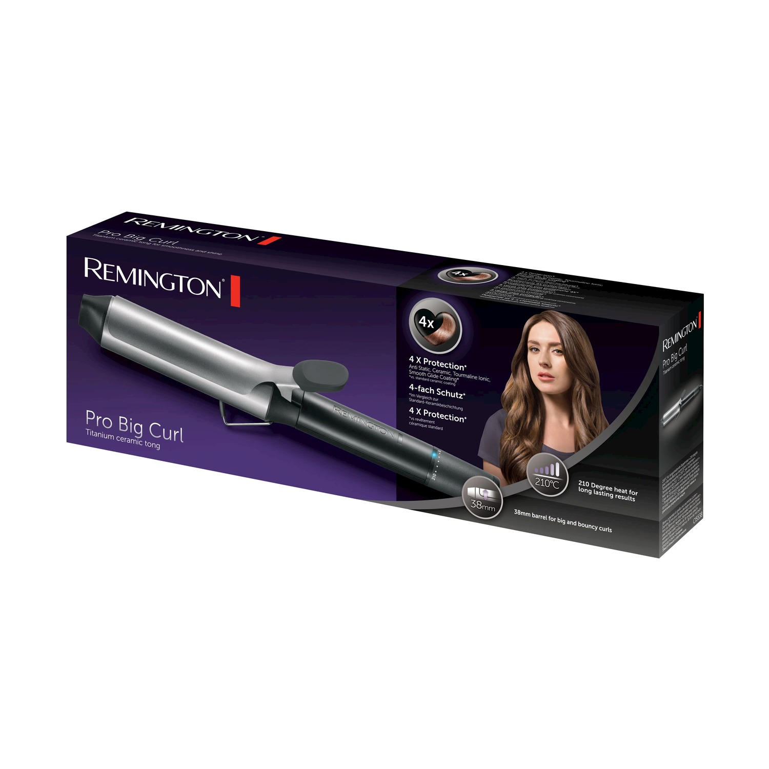 Confezione Remington Pro Big Curl con arricciacapelli e modello.