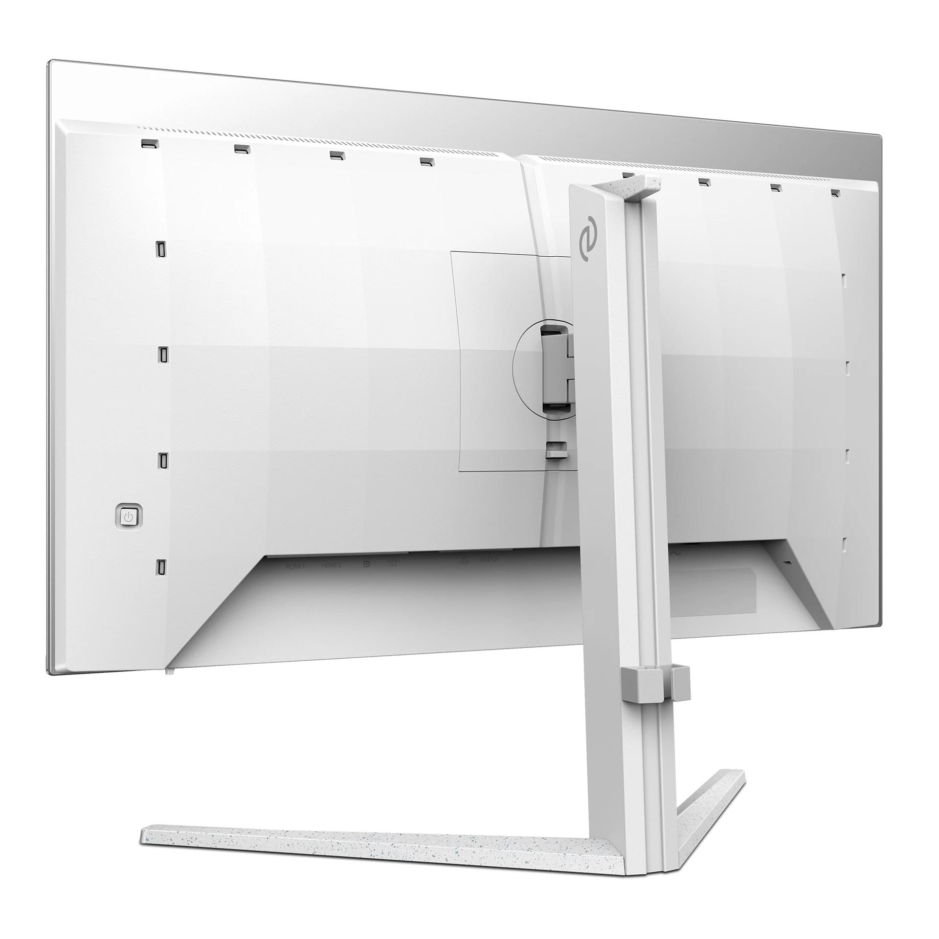 Parte trasera de un monitor blanco con soporte, puertos y botón de encendido.