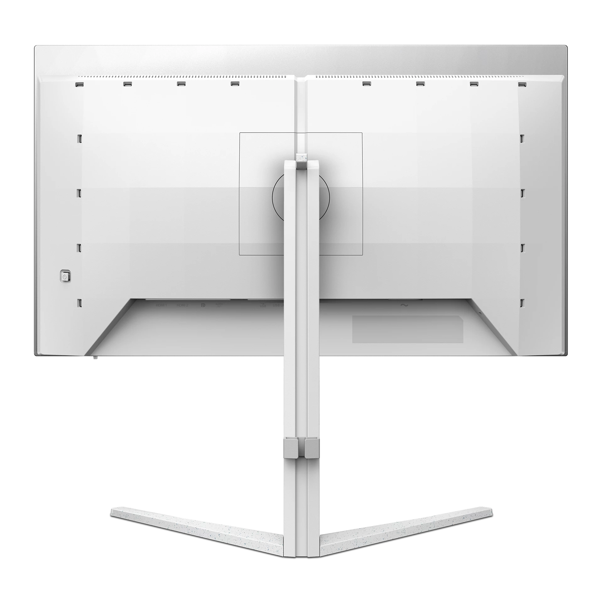 Parte trasera de un monitor blanco con soporte y puertos visibles.