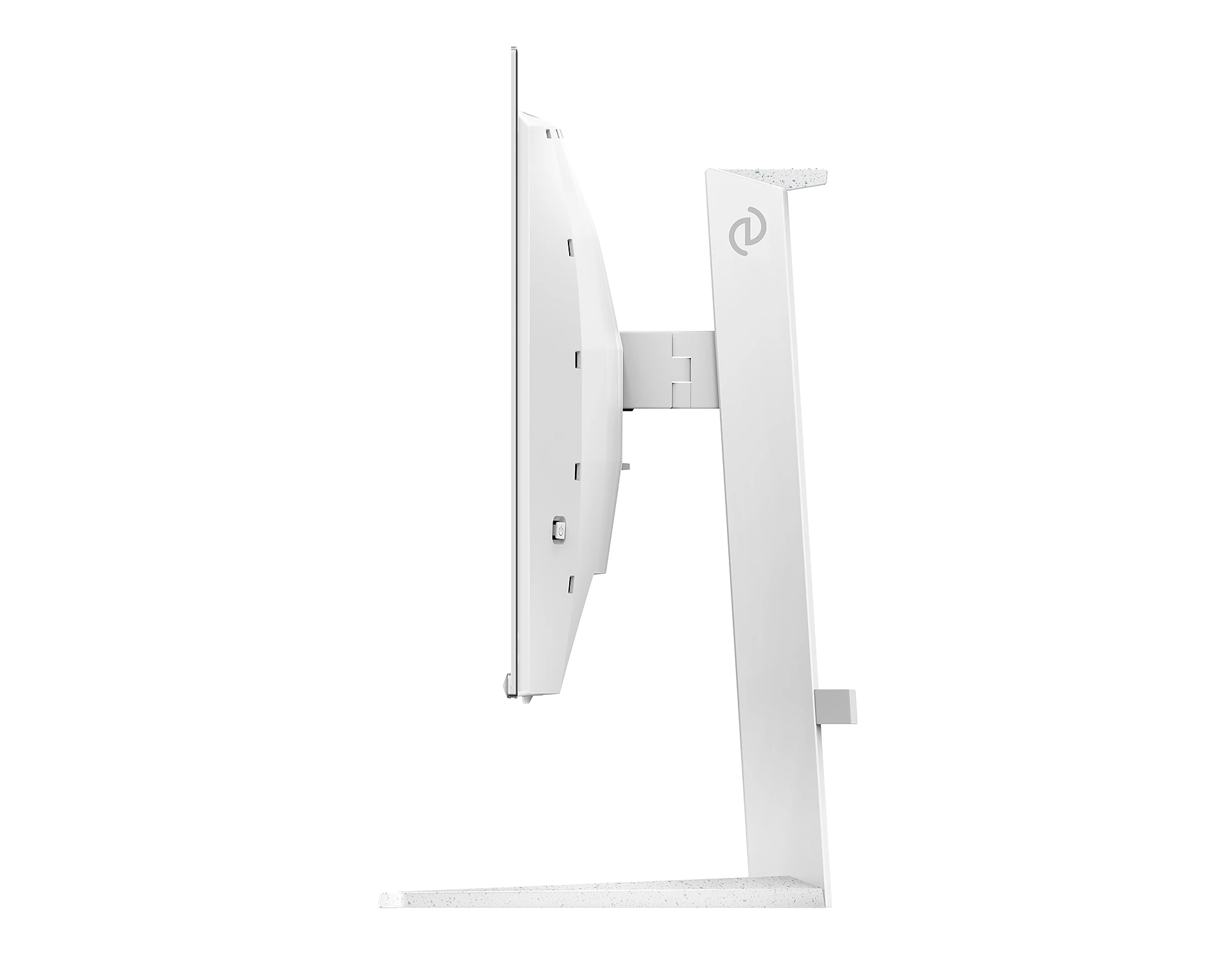Reverso blanco de monitor con soporte blanco y logo.