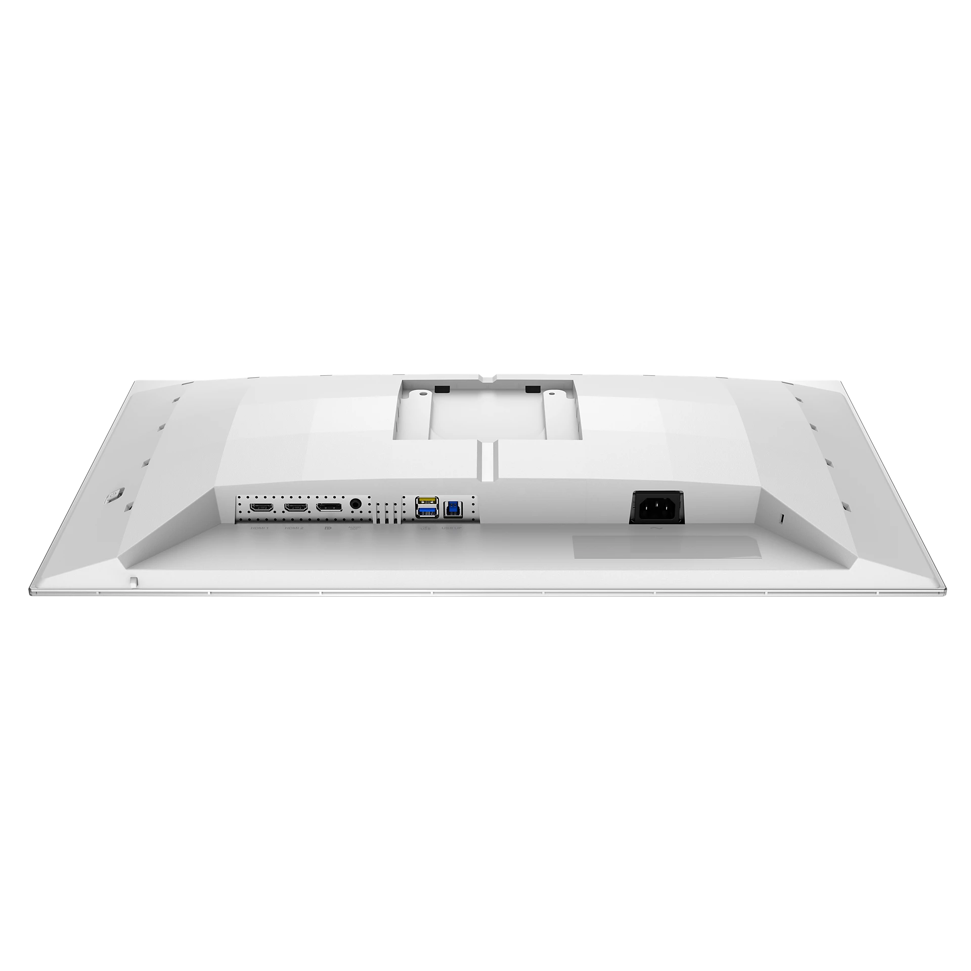 Vista trasera de un monitor blanco mostrando puertos: HDMI, USB, audio y alimentación.
