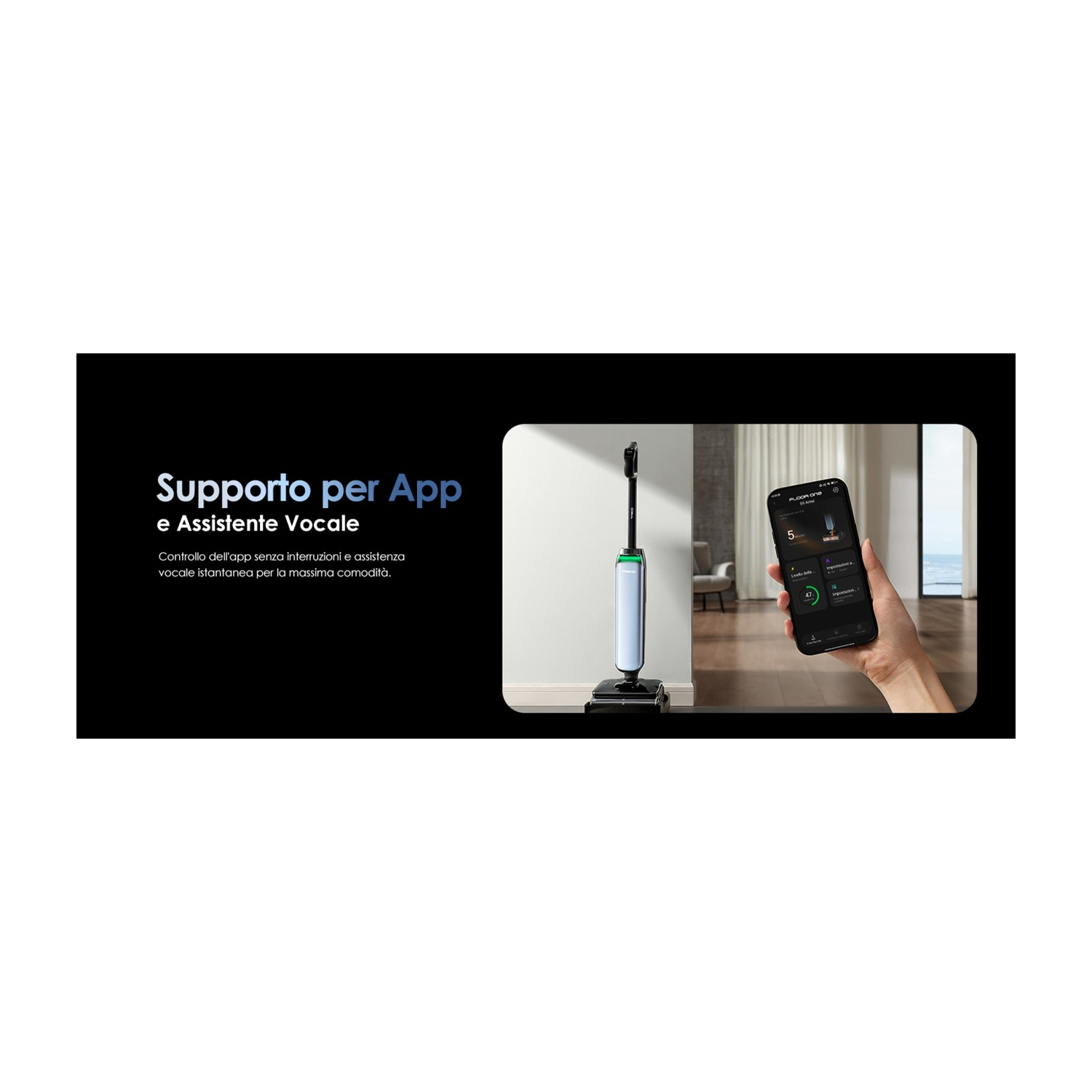 Un robot aspirapolvere con controllo app e assistente vocale, tenuto in mano.