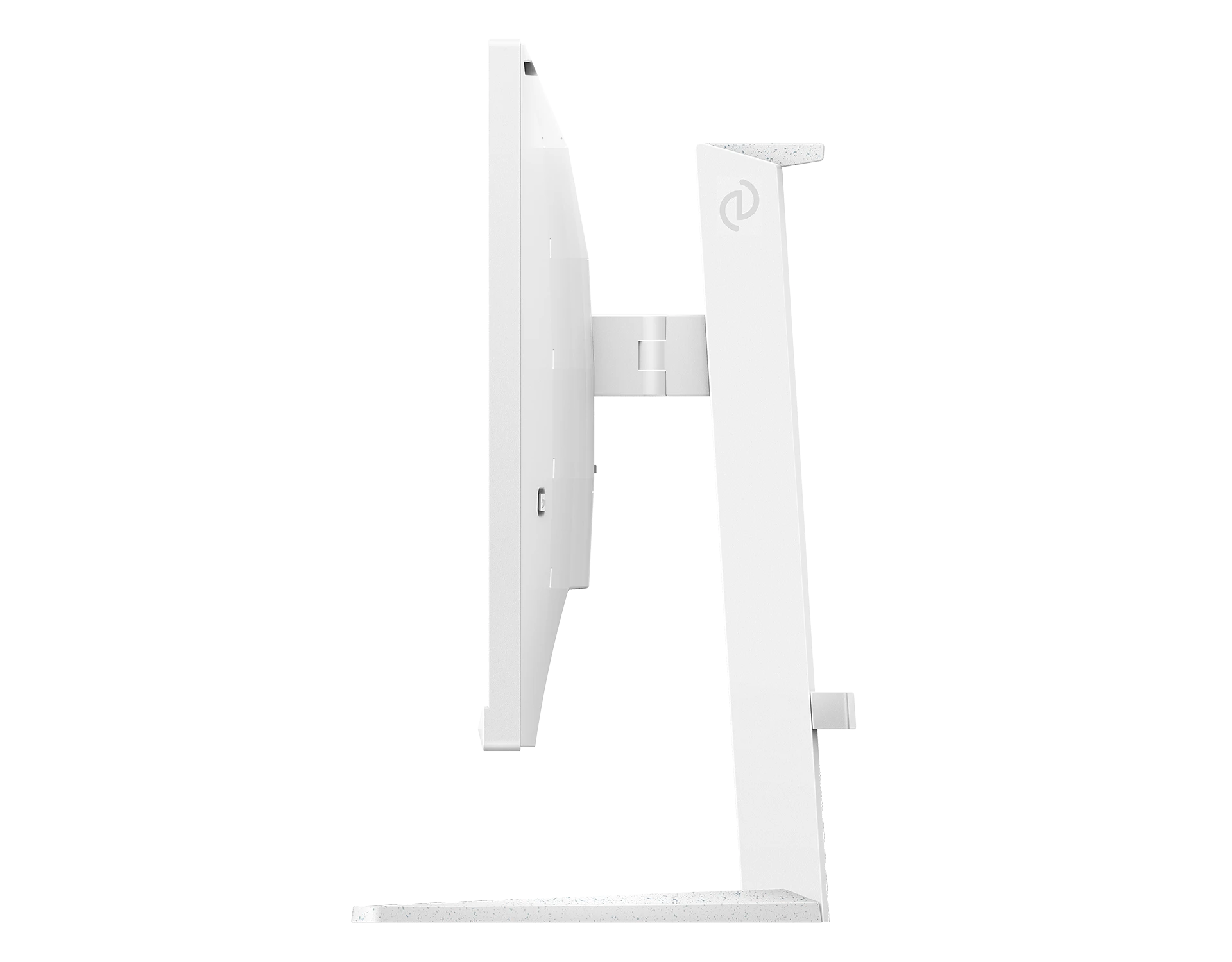 Un monitor blanco con soporte delgado y logo estilizado 'e'.