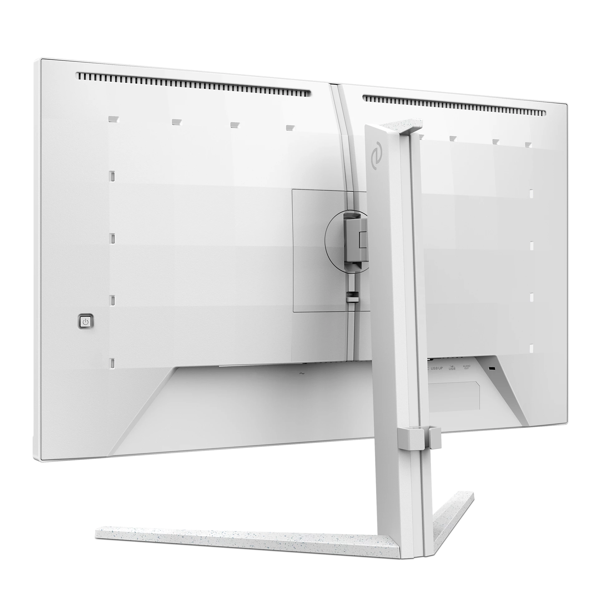 Vista trasera de un monitor blanco con su soporte y puertos.