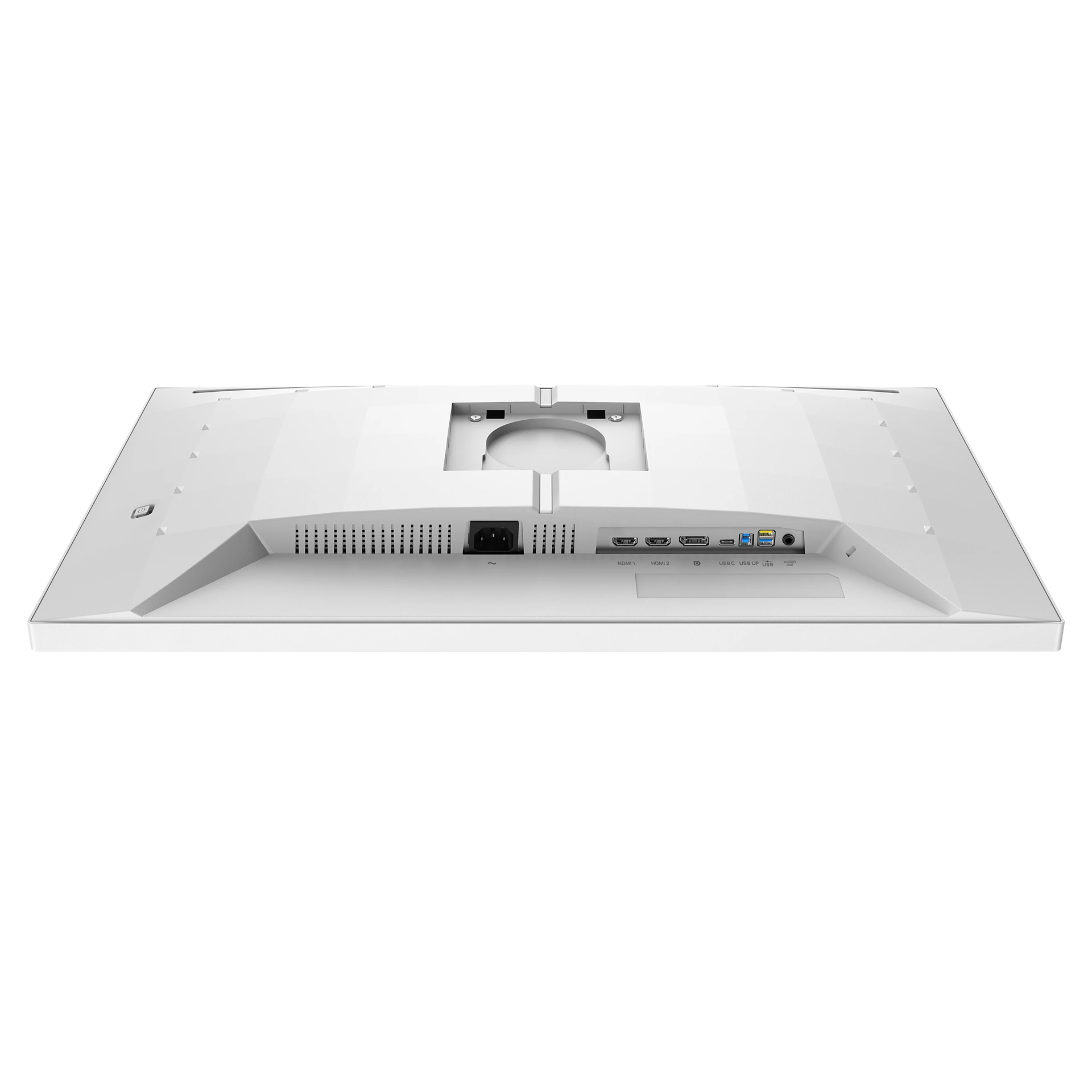 Parte trasera de monitor blanco con puertos: corriente, 2x HDMI, USB-C, USB-A.