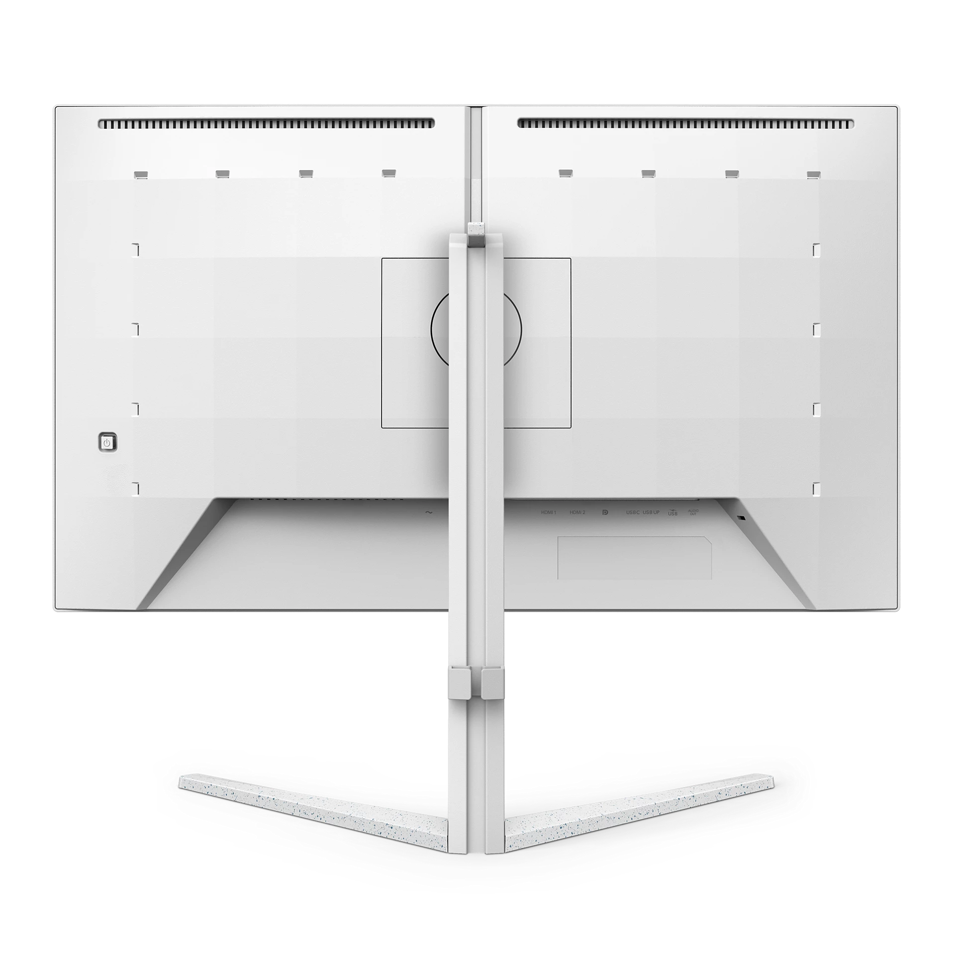 Parte trasera de un monitor blanco con soporte plateado y puertos.