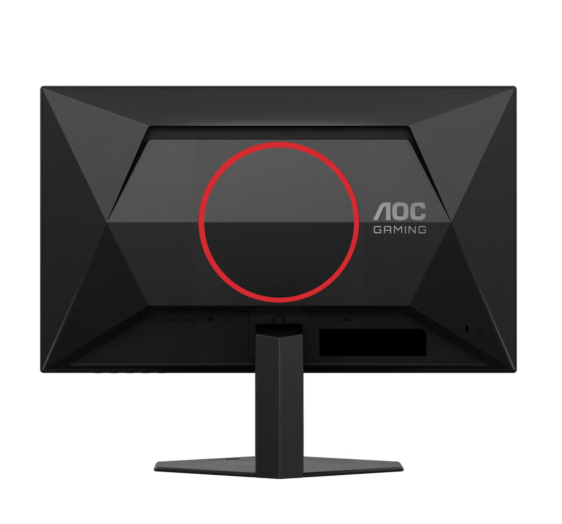 Vista trasera de un monitor AOC Gaming negro con círculo rojo alrededor del logo.