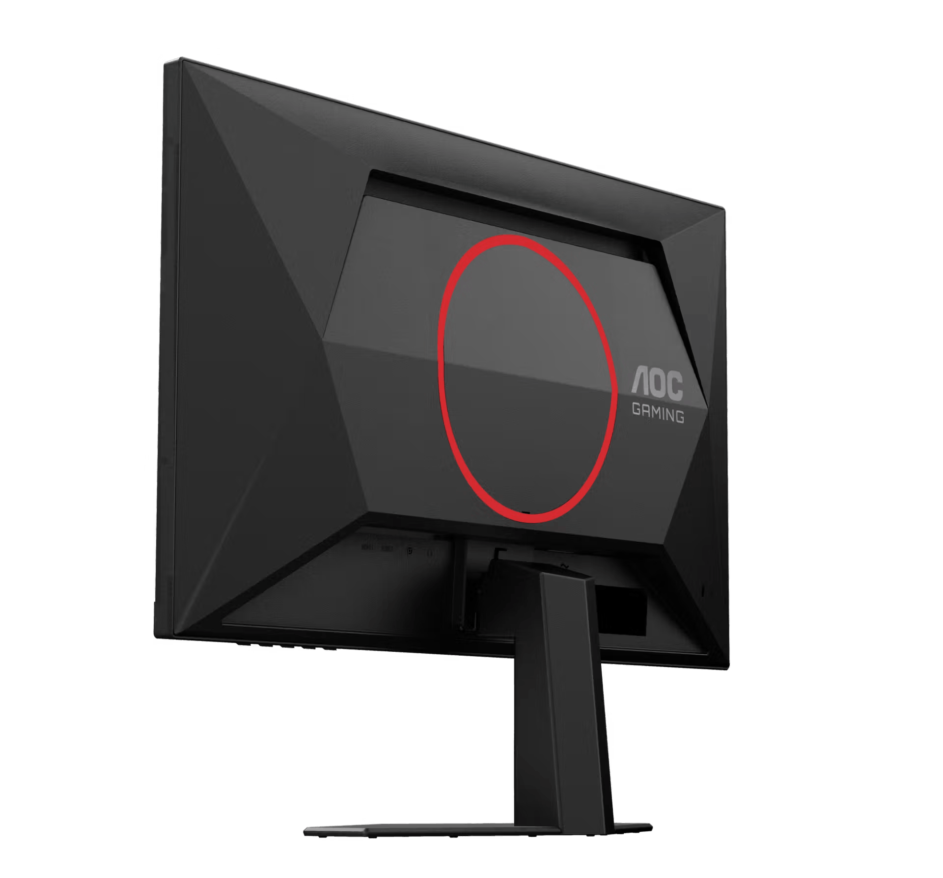 Vista trasera de un monitor negro AOC Gaming con un círculo rojo en la parte posterior.