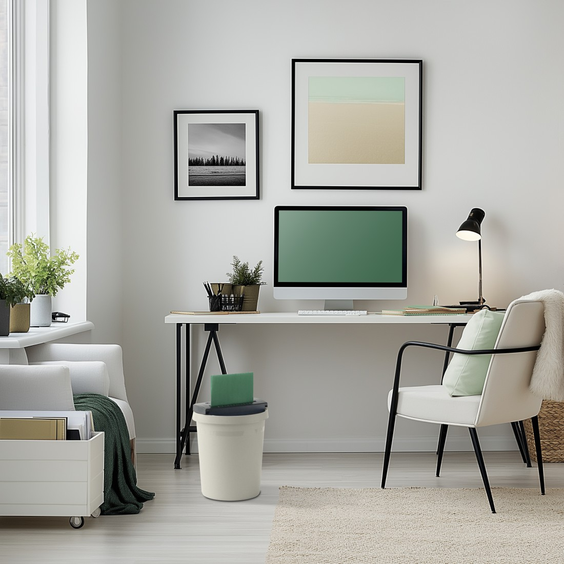 Una oficina en casa moderna con escritorio, computadora, silla y papelera.