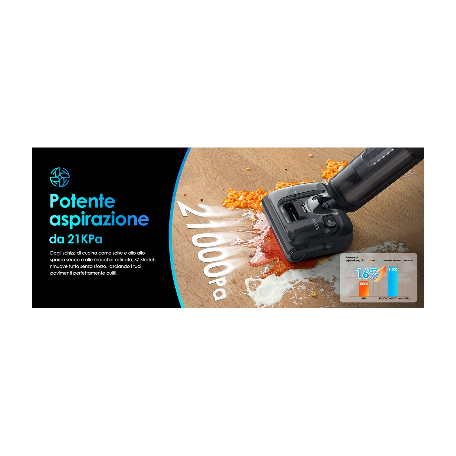 Un aspirapolvere aspira pasta e liquido versati su un pavimento in legno.