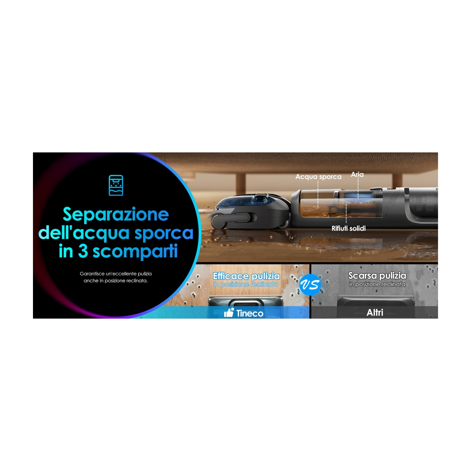 Vista di un dispositivo che separa l'acqua sporca in 3 scomparti.