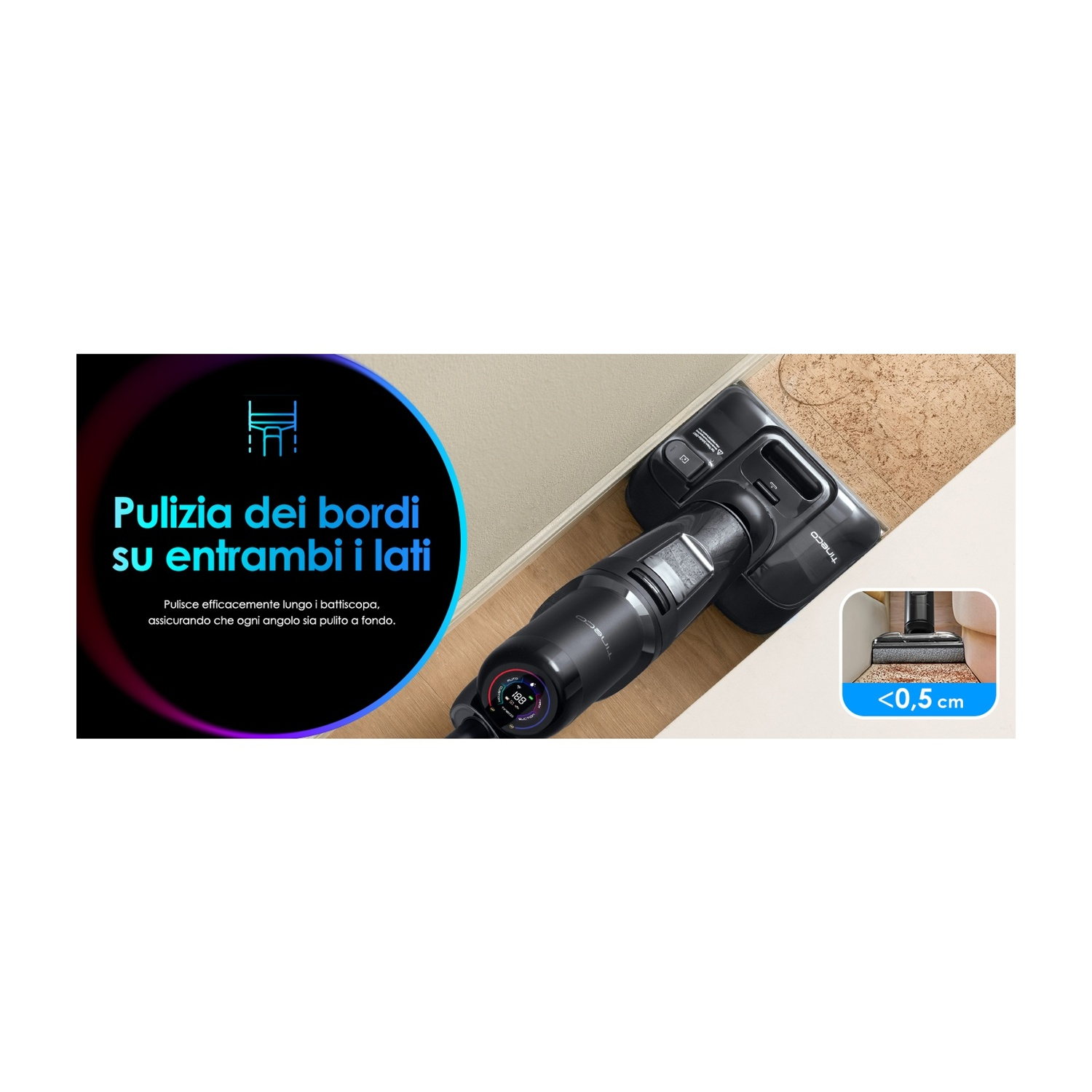 Aspirapolvere nero pulisce bordi e angoli di un pavimento.