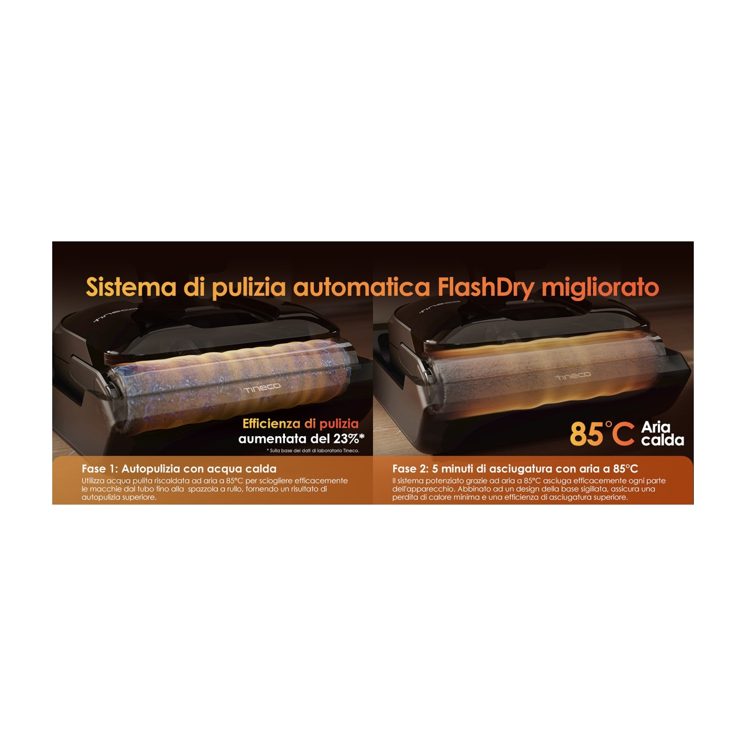 Dispositivo autopulente con acqua calda e aria a 85°C. Pulizia migliorata.