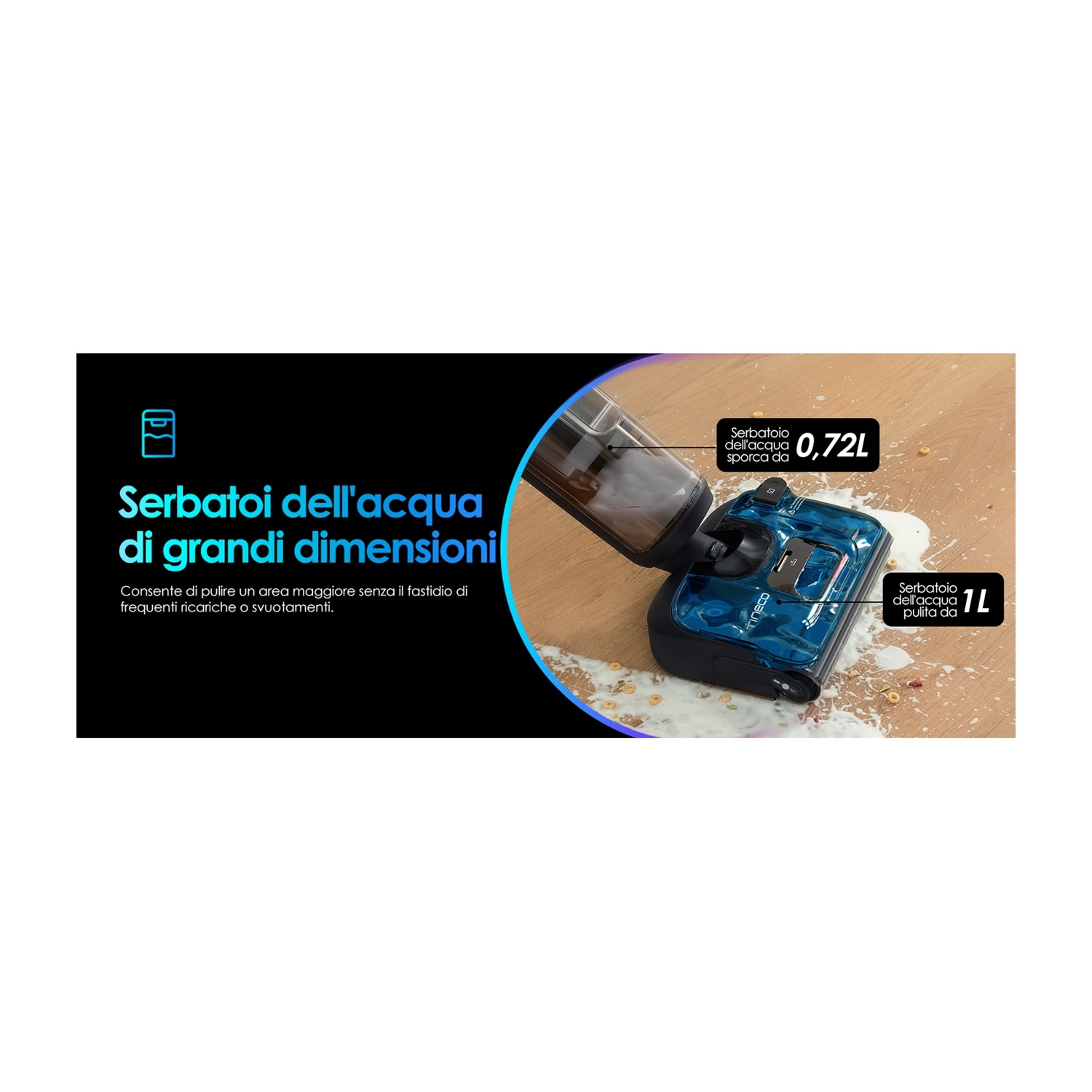 Un aspirapolvere bagnato/asciutto blu con due serbatoi su un pavimento.