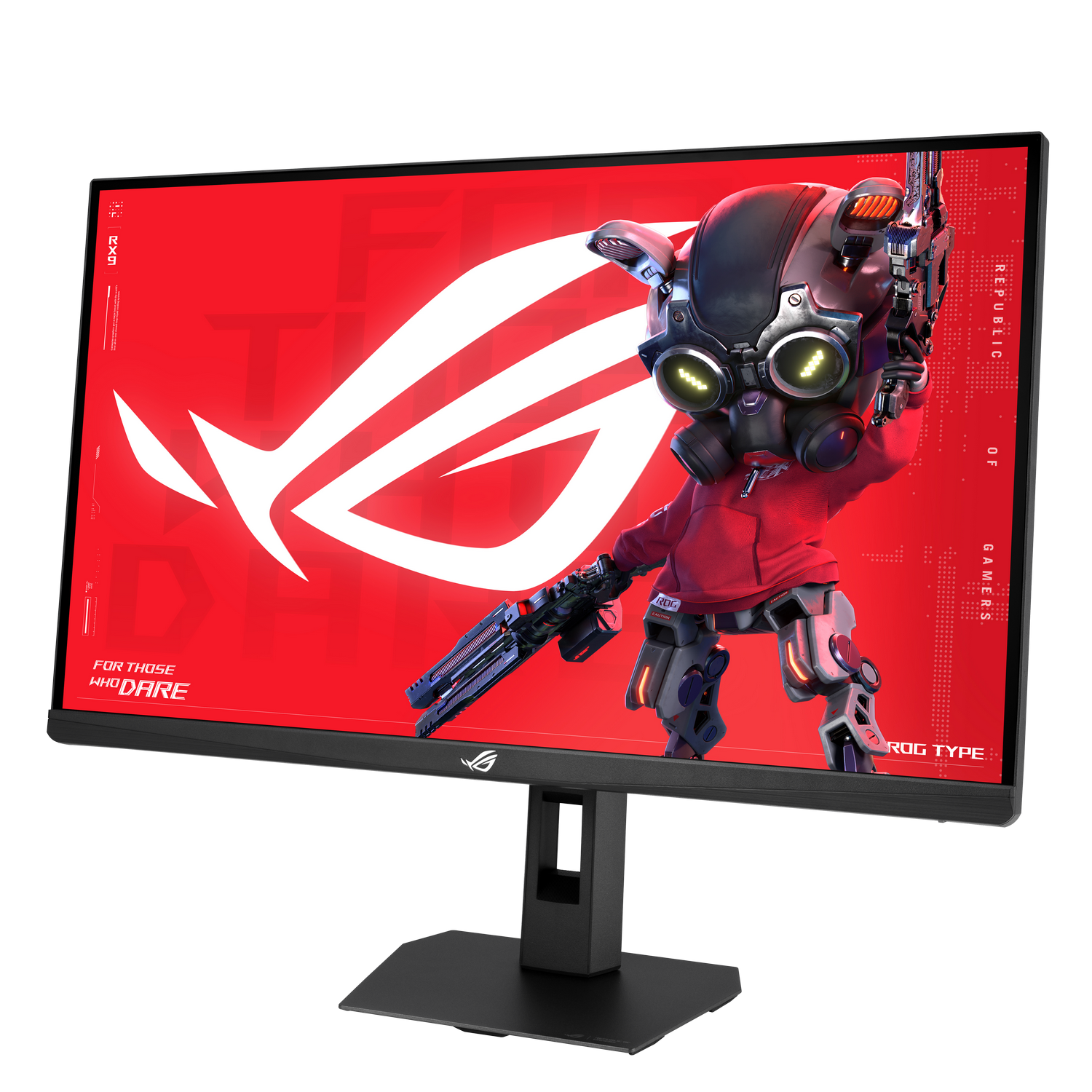 Un monitor con fondo rojo y un personaje robot con un arma.