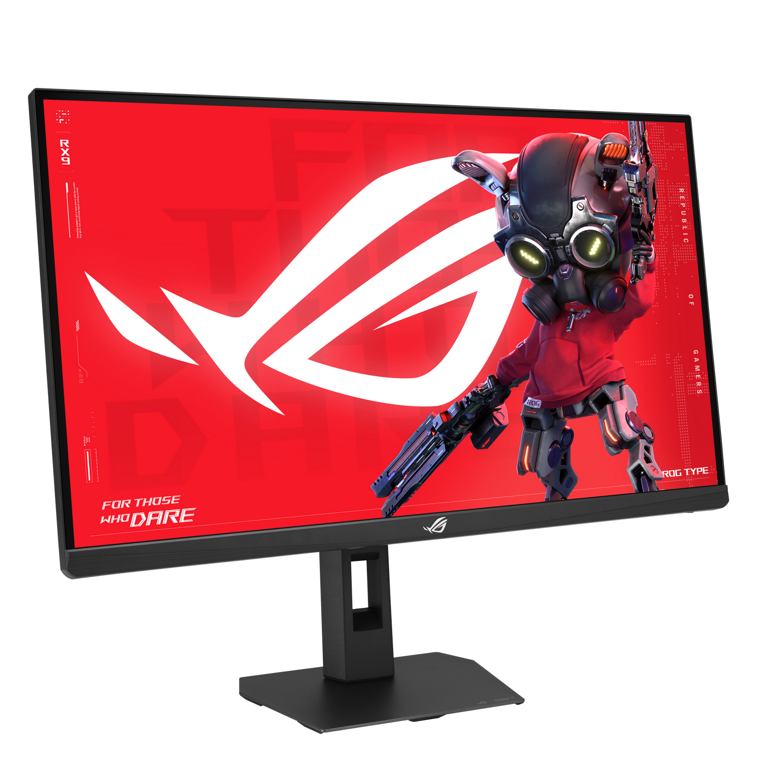 Un monitor ROG con fondo rojo y logo estilizado. Un robot sostiene un arma.