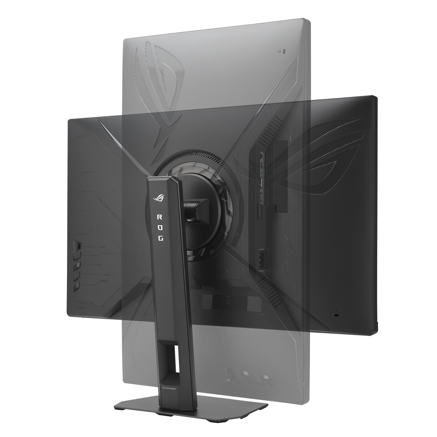 Parte trasera de un monitor negro con logo ROG y puertos visibles.