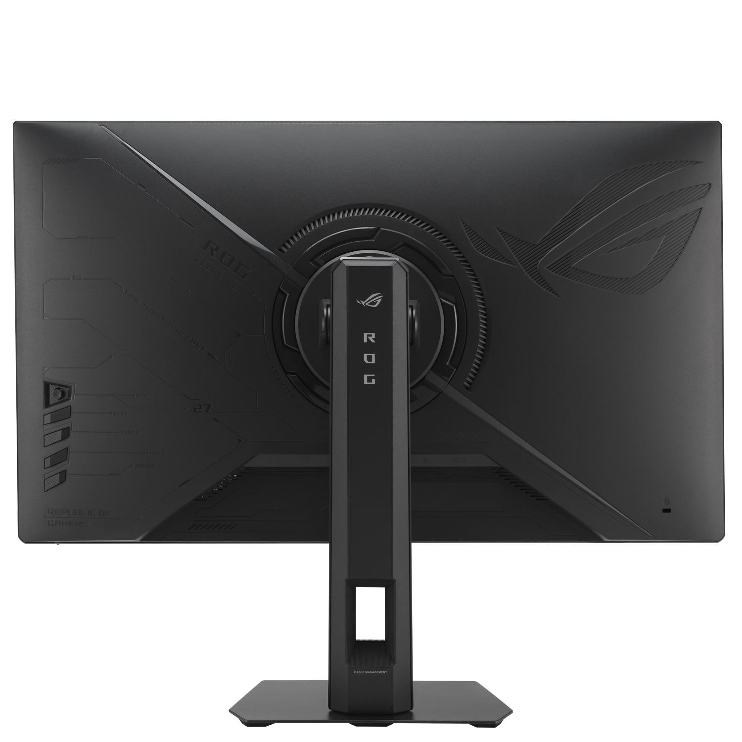 Parte trasera de un monitor negro con el logo ROG y soporte.