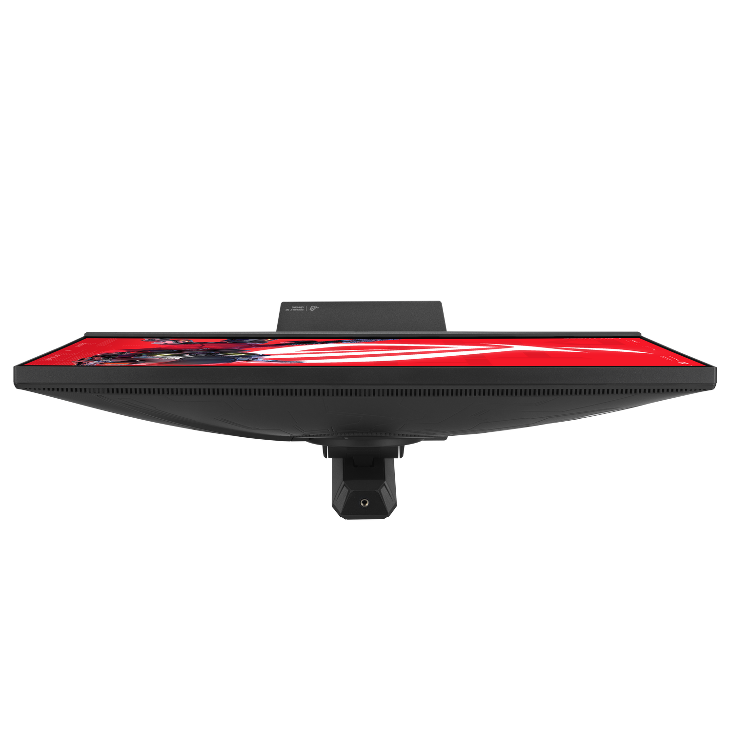 Un monitor negro con fondo de pantalla rojo, visto desde arriba.