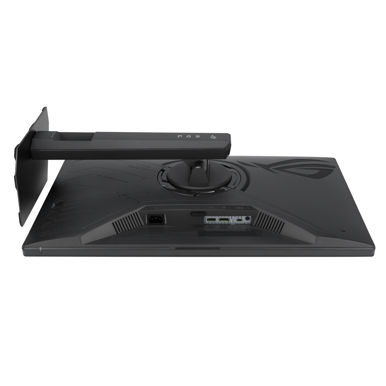 Parte trasera de un monitor negro con puertos y soporte integrado.