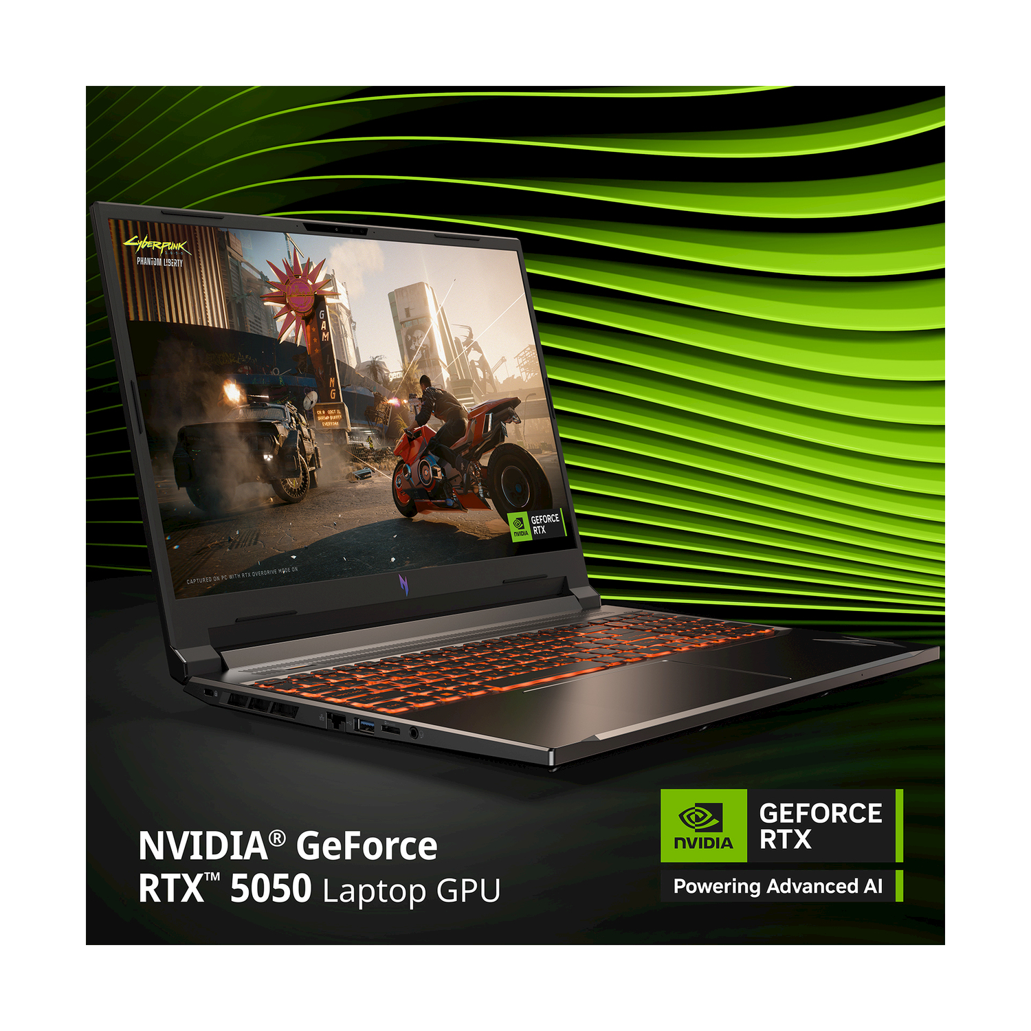 Un laptop con tastiera illuminata mostra Cyberpunk 2077. Grafica NVIDIA RTX.