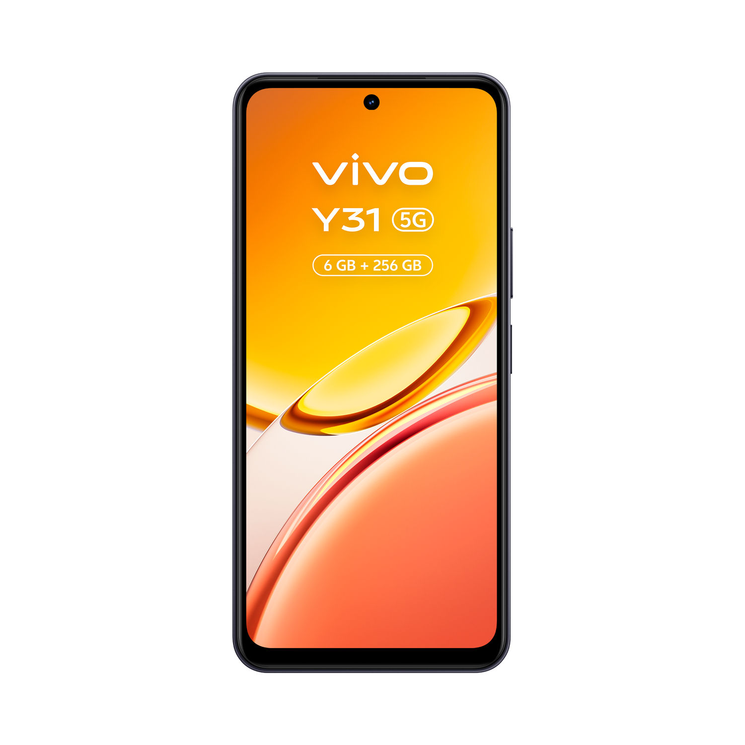 Smartphone Vivo Y31 5G con 6GB+256GB de almacenamiento, fondo naranja-amarillo.