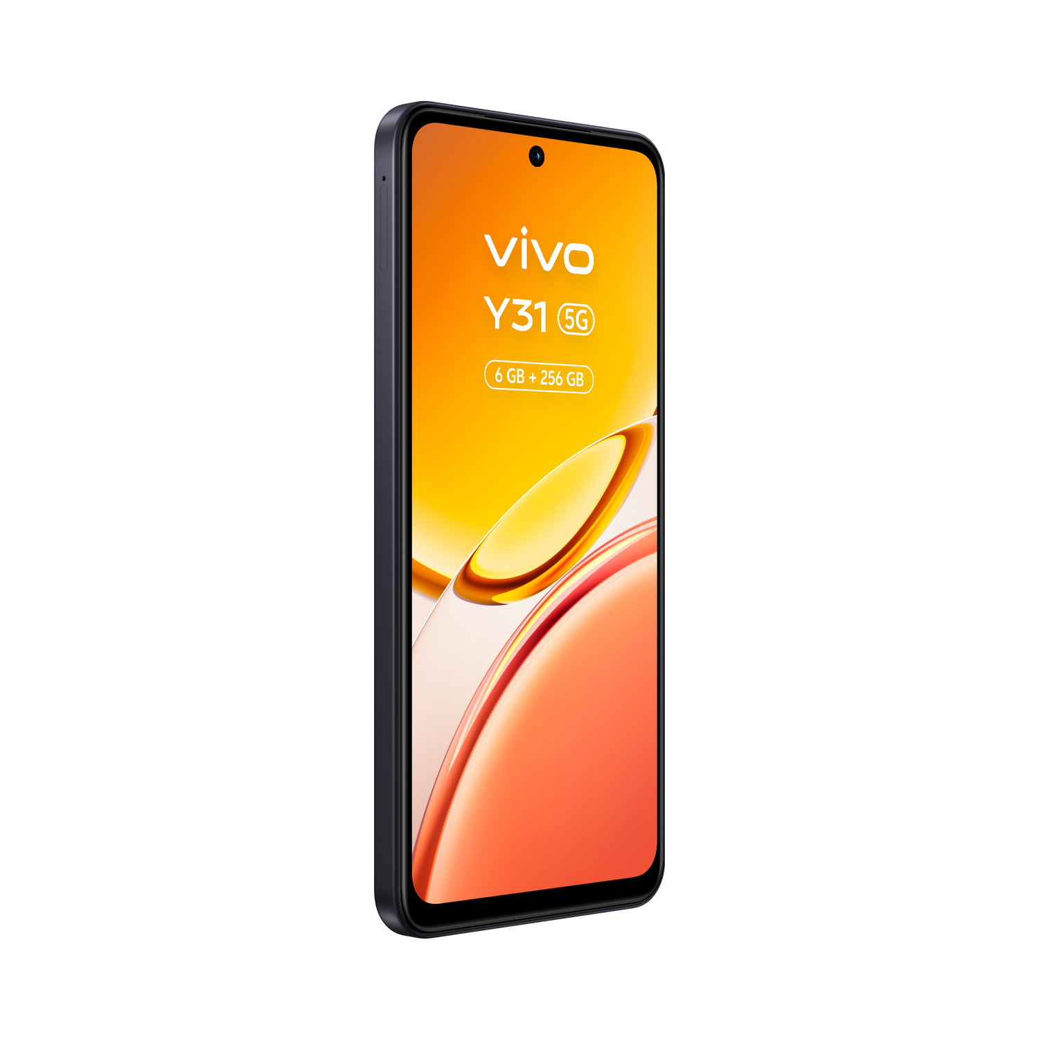 Smartphone oscuro con texto Vivo Y31 5G y fondo degradado naranja.