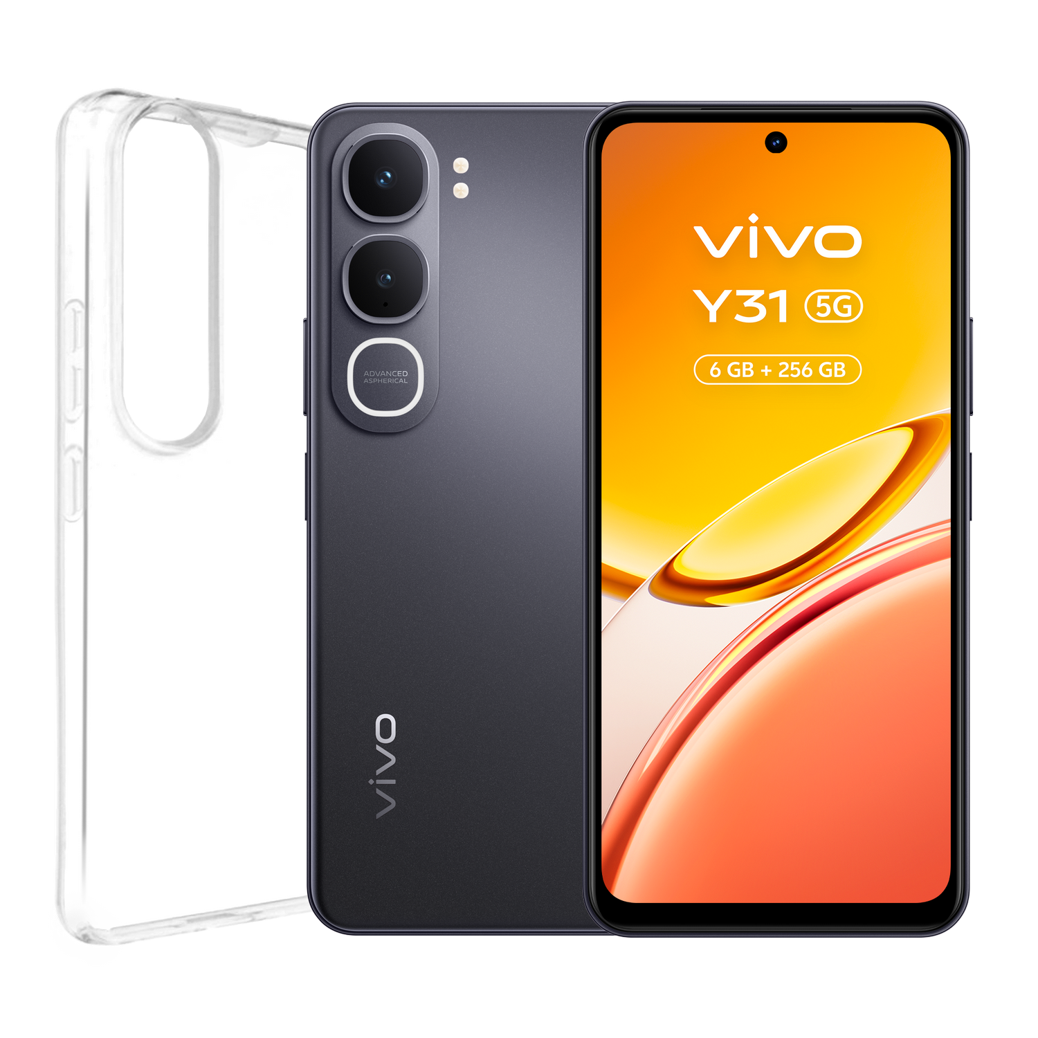 Un smartphone Vivo Y31 5G oscuro con funda transparente. Cámaras en la parte trasera.