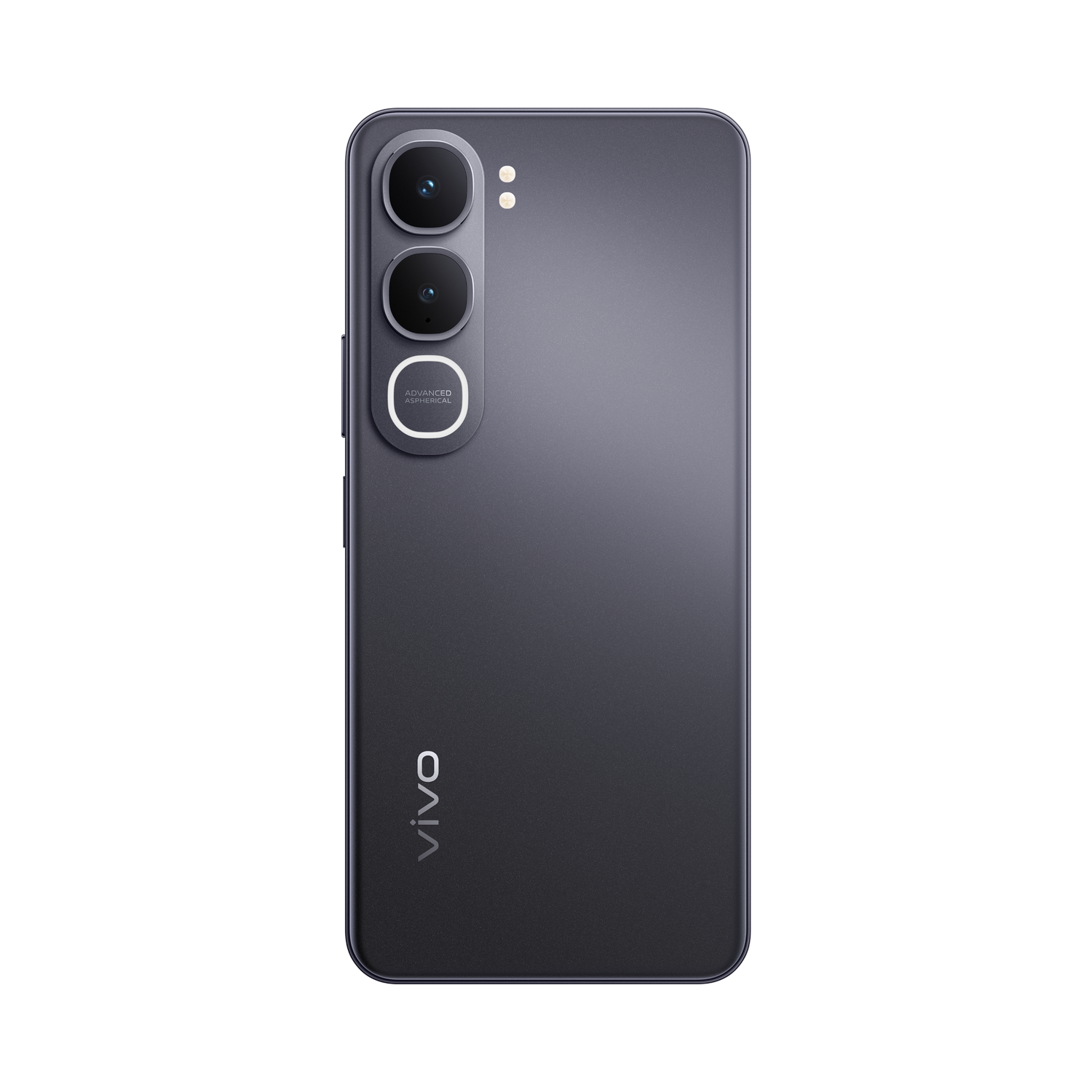 Teléfono inteligente oscuro con tres cámaras y logo de Vivo sobre fondo gris.