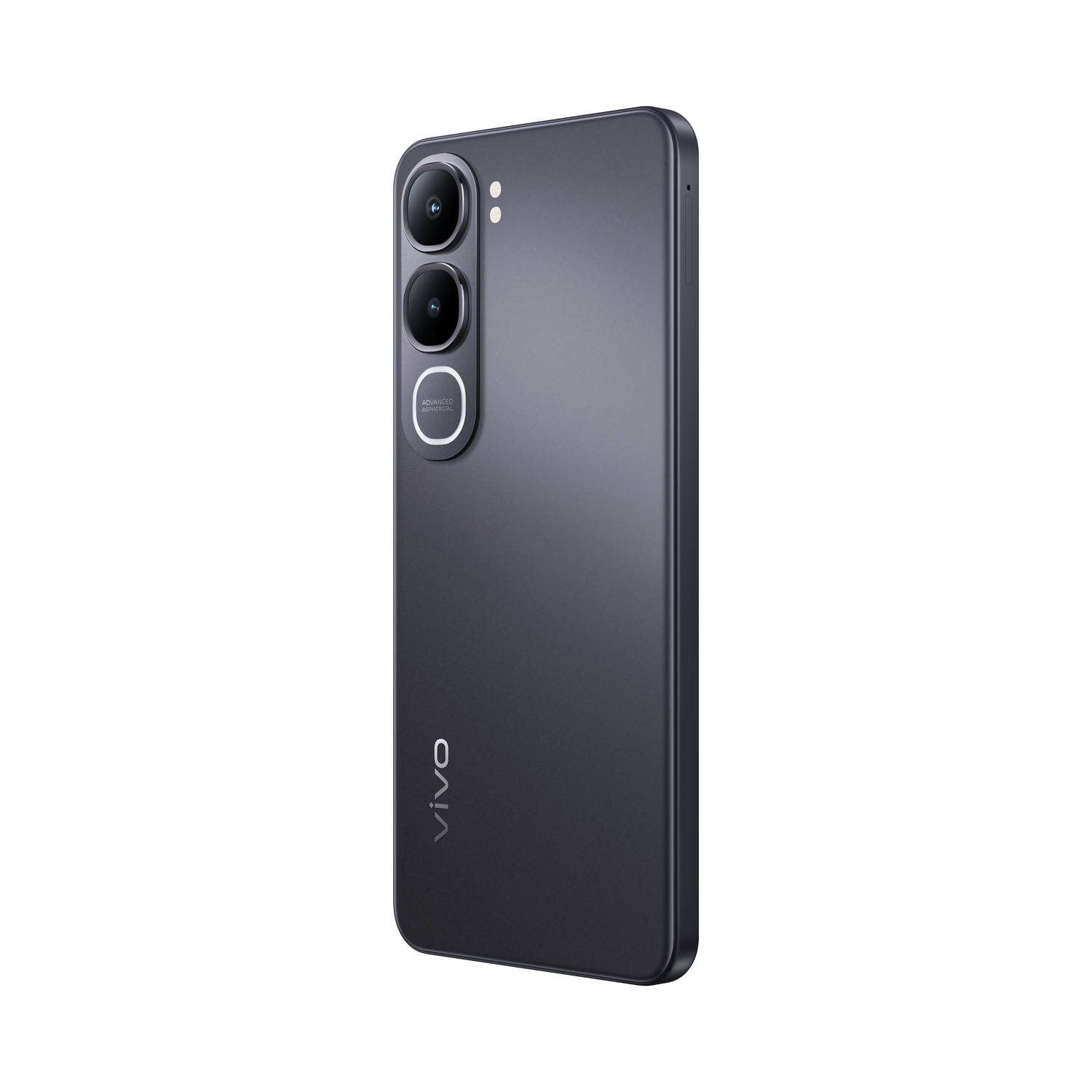Teléfono inteligente gris oscuro con triple cámara y logo VIVO detrás.