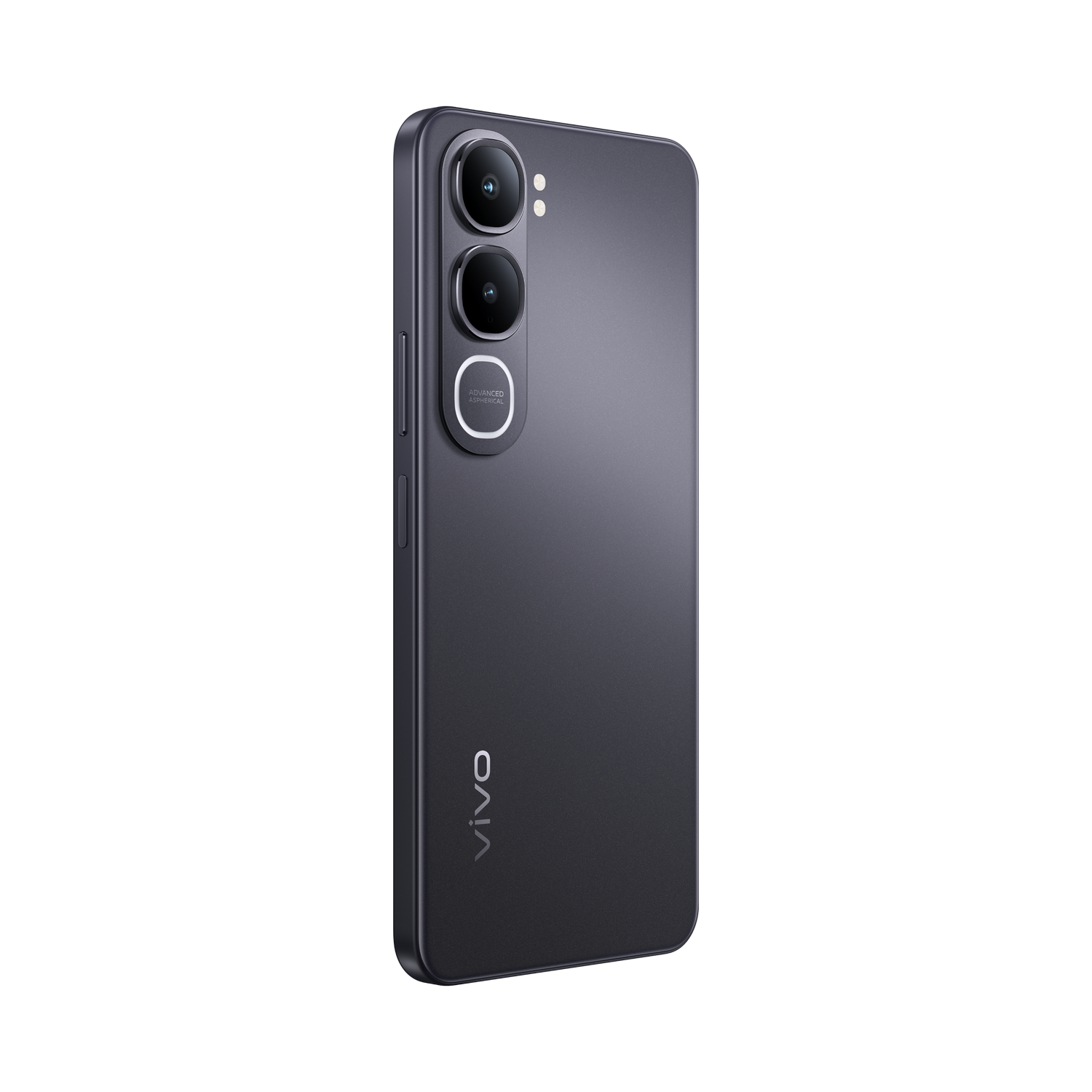 Teléfono inteligente gris oscuro con tres cámaras traseras y logo VIVO.