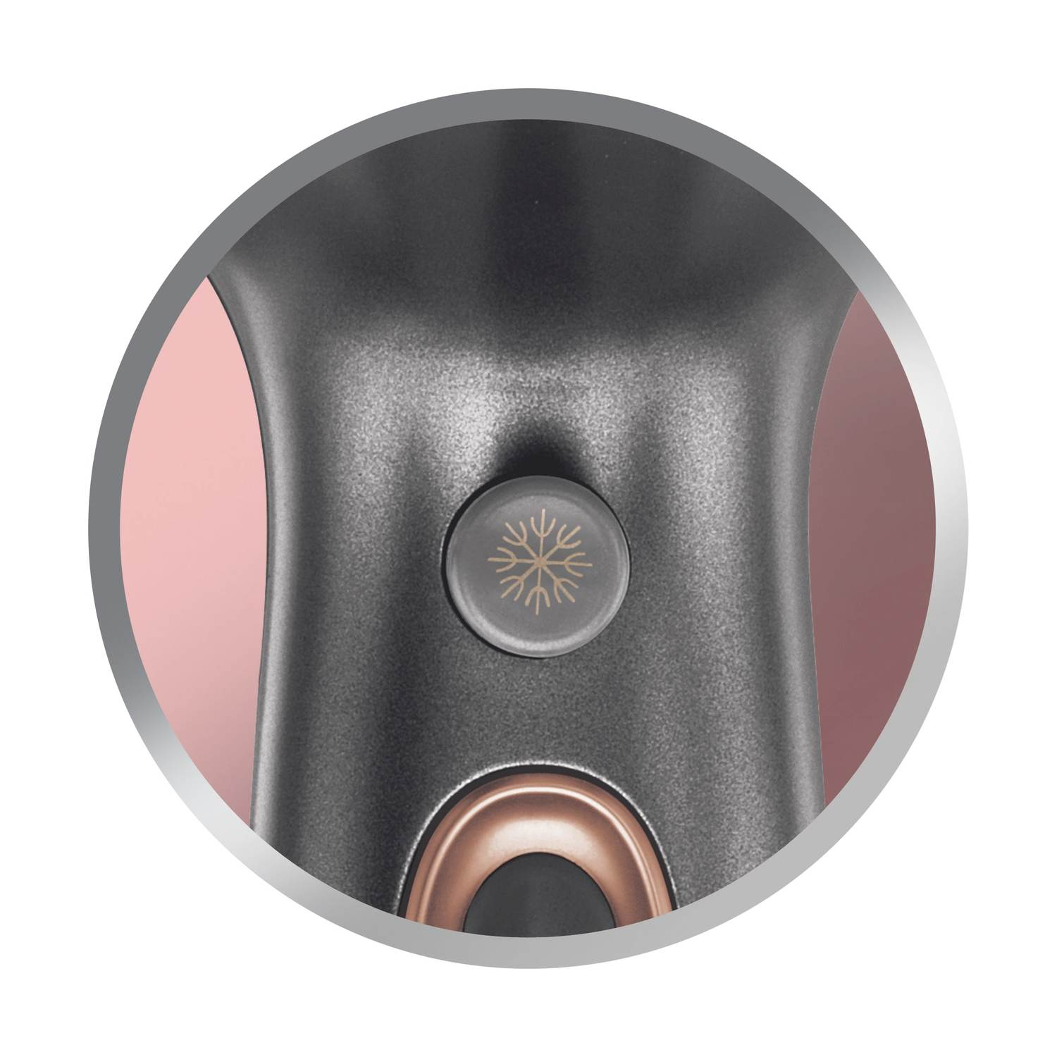 Pulsante grigio con icona fiocco di neve su dispositivo scuro con sfondo rosa.