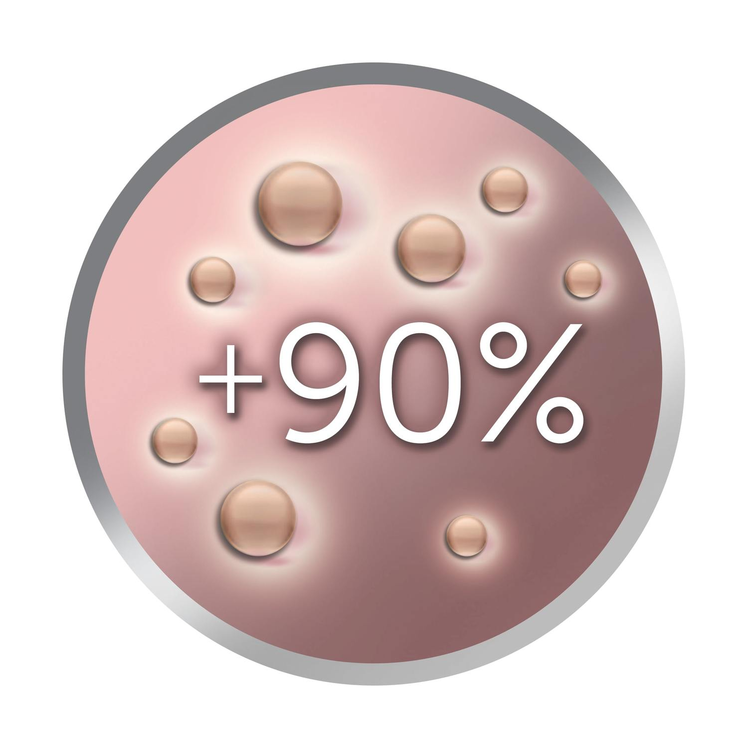 Cerchio con '+90%' e perle su sfondo rosa.
