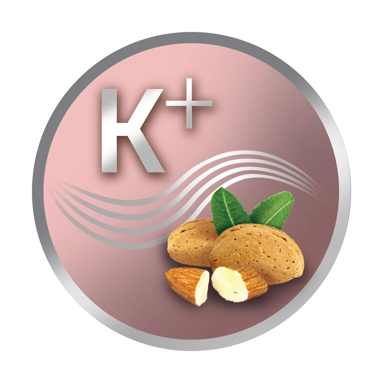Emblema K+ con mandorle e foglie su sfondo rosa.