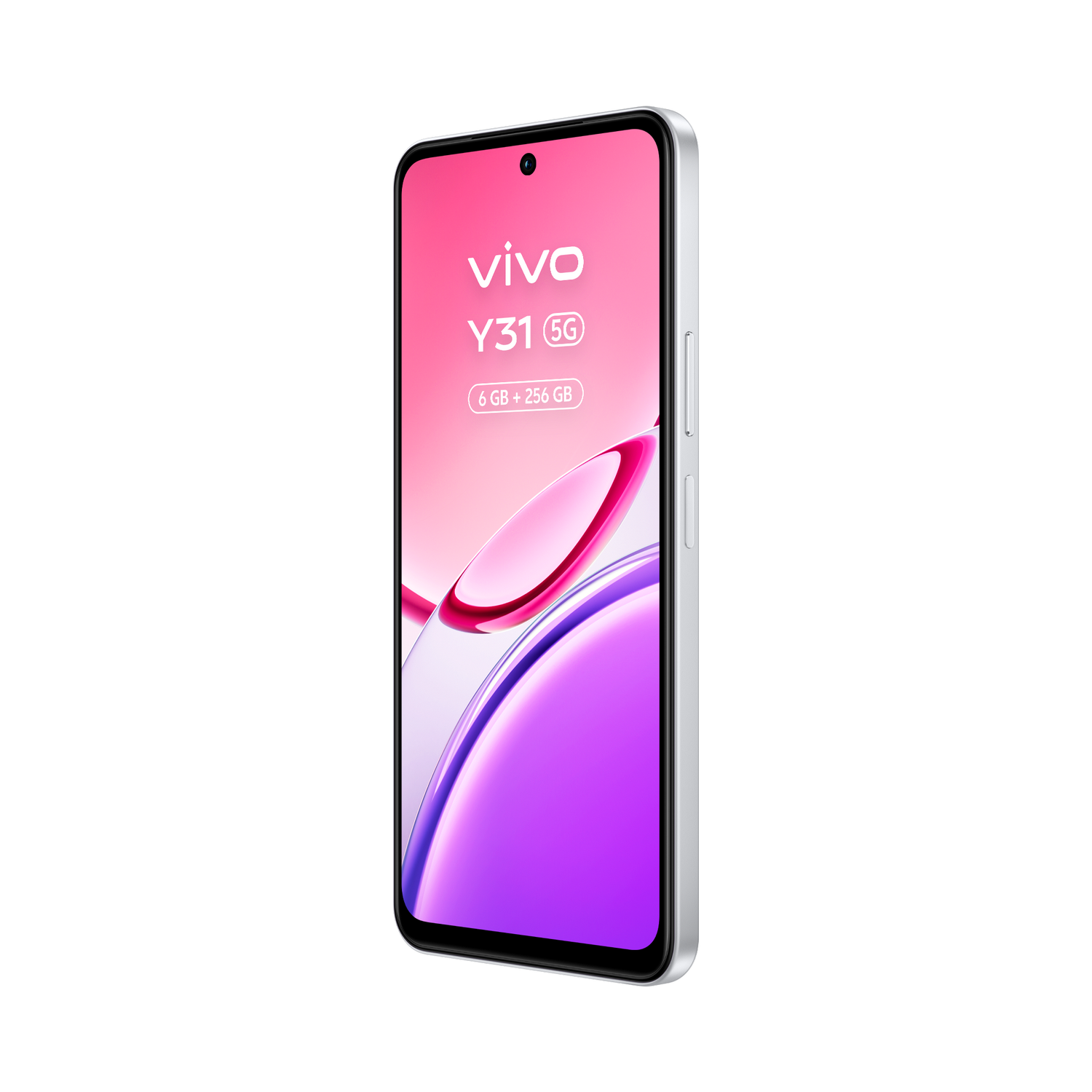Un smartphone Vivo Y31 5G plateado con fondo rosa y morado.