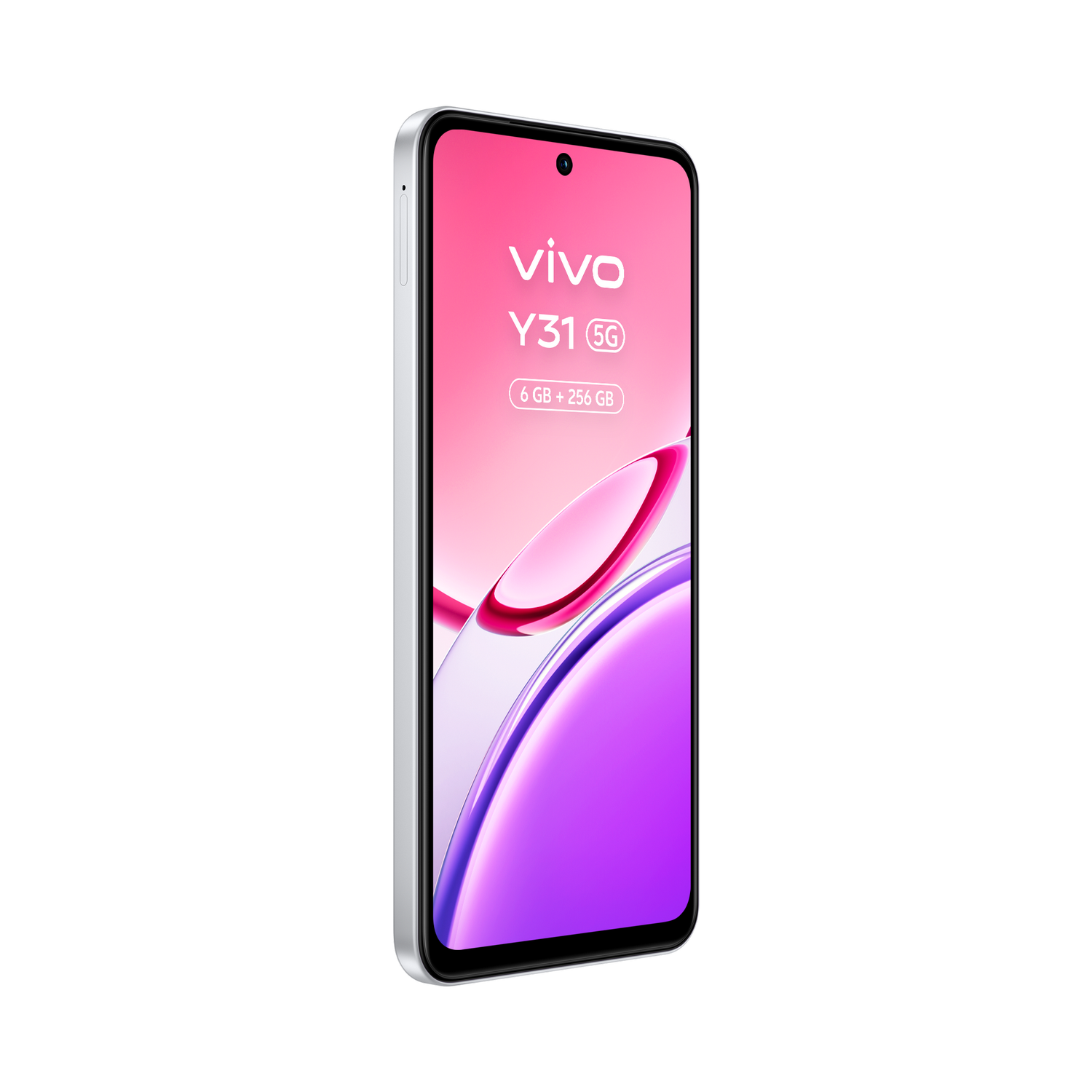 Smartphone Vivo Y31 5G plateado con gráficos de pantalla rosa y morado.