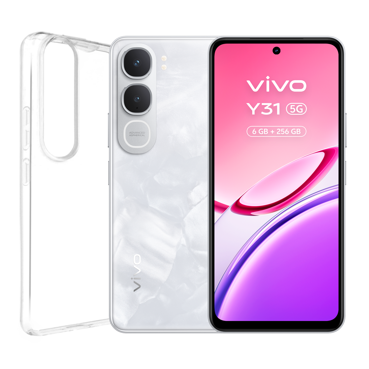 Un smartphone Vivo Y31 5G blanco con una funda transparente al lado.