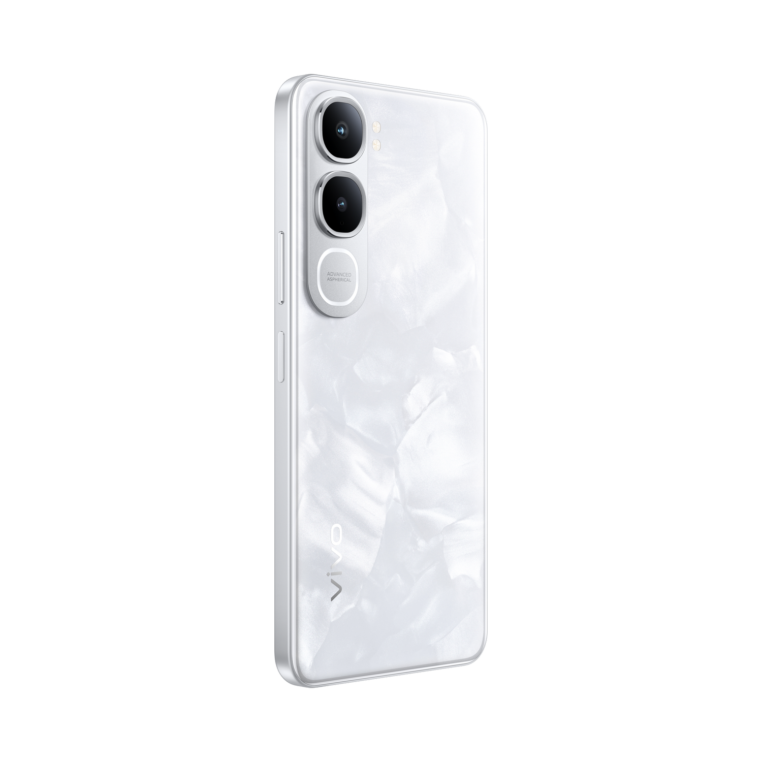 Teléfono inteligente blanco con acabado nacarado y tres lentes de cámara traseras.