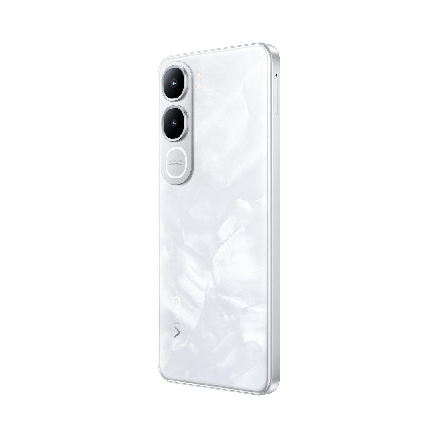 Un smartphone blanco con trasera de mármol y tres cámaras.