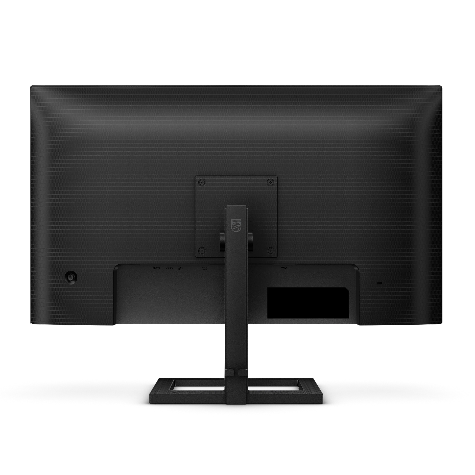 Parte trasera de un monitor negro con puertos como HDMI, USB-C y salida de audio.
