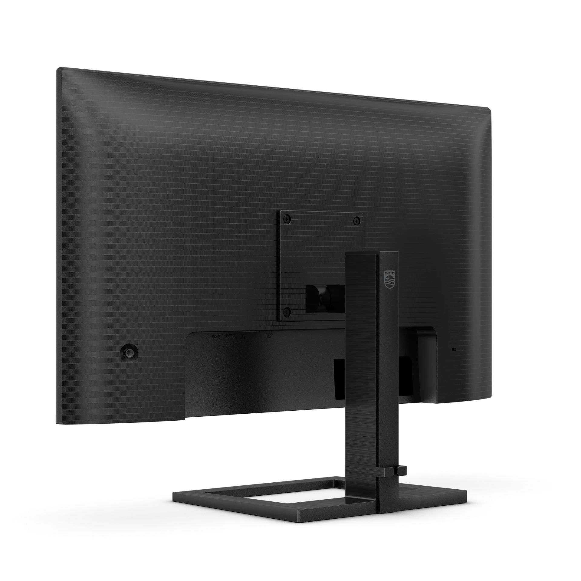 Vista trasera de un monitor negro con logo de Philips en el soporte.