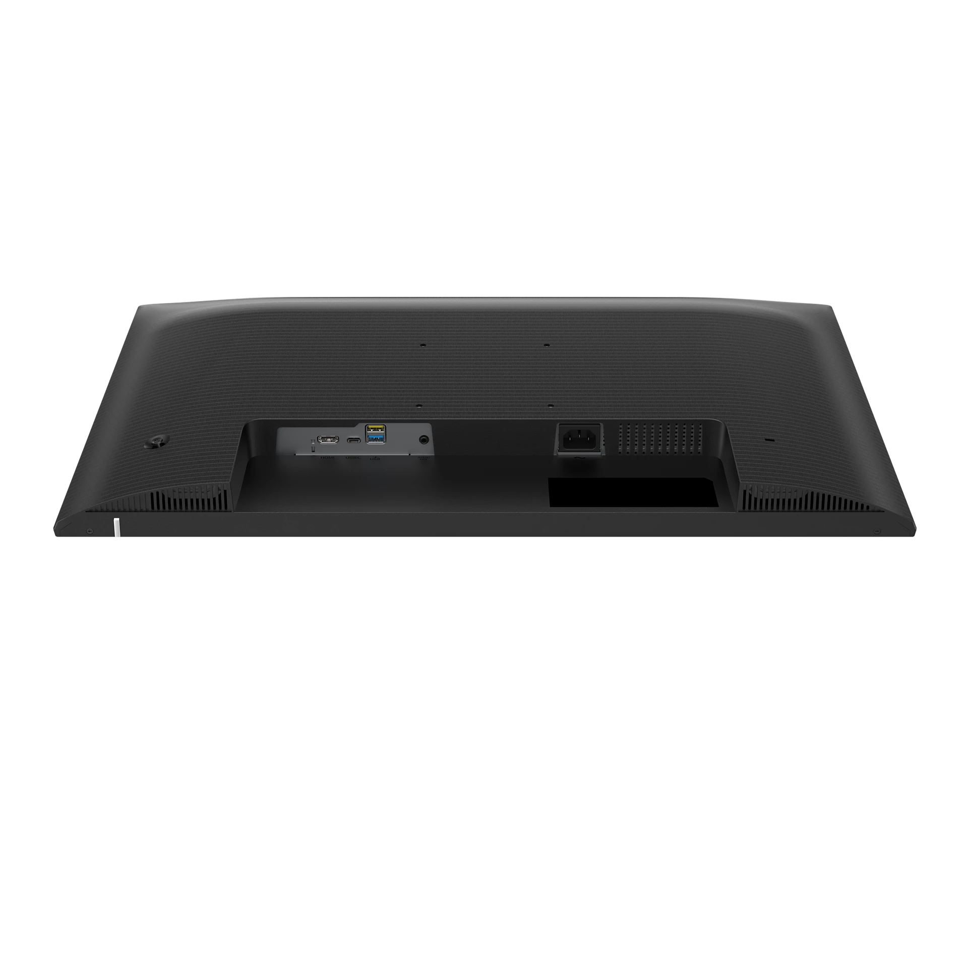 Parte trasera de un monitor negro con puertos: HDMI, USB-C, USB y corriente.