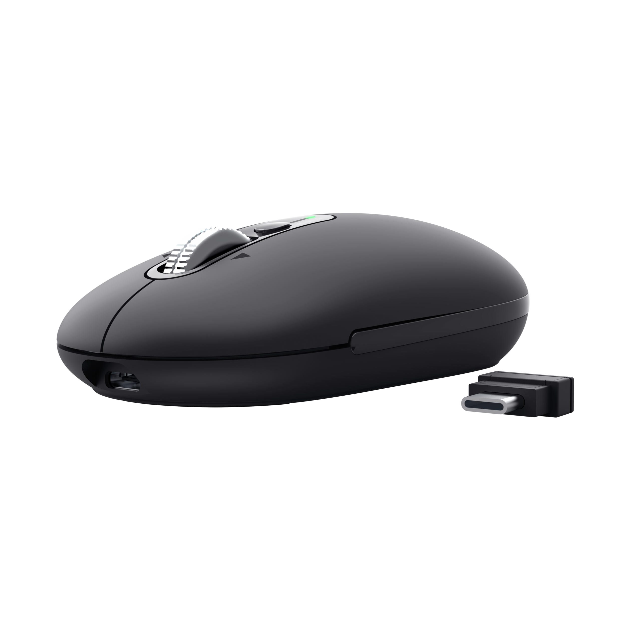 Fekete számítógépes egér szürke görgetőkerékkel és USB-C hardverkulccsal, fekete háttéren.