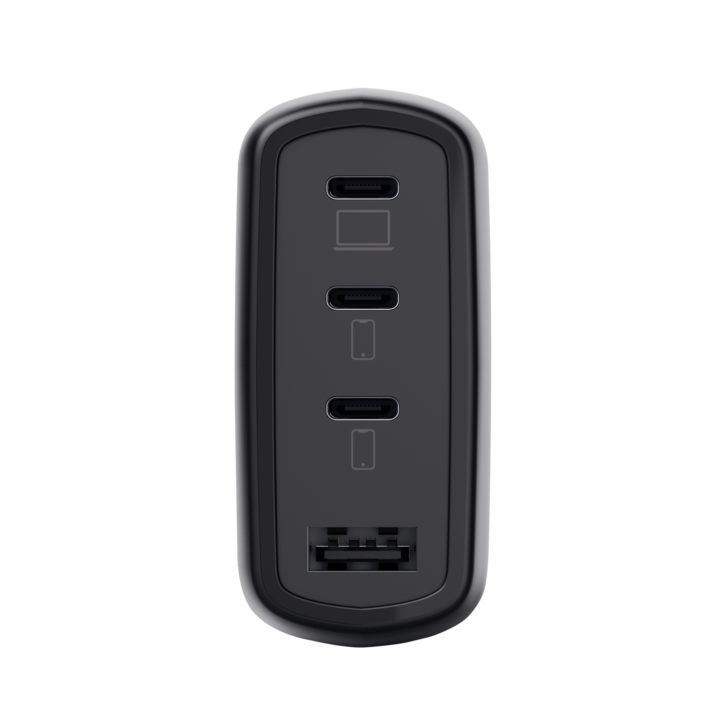 Fekete töltőadapter három USB-C és egy USB-A porttal.