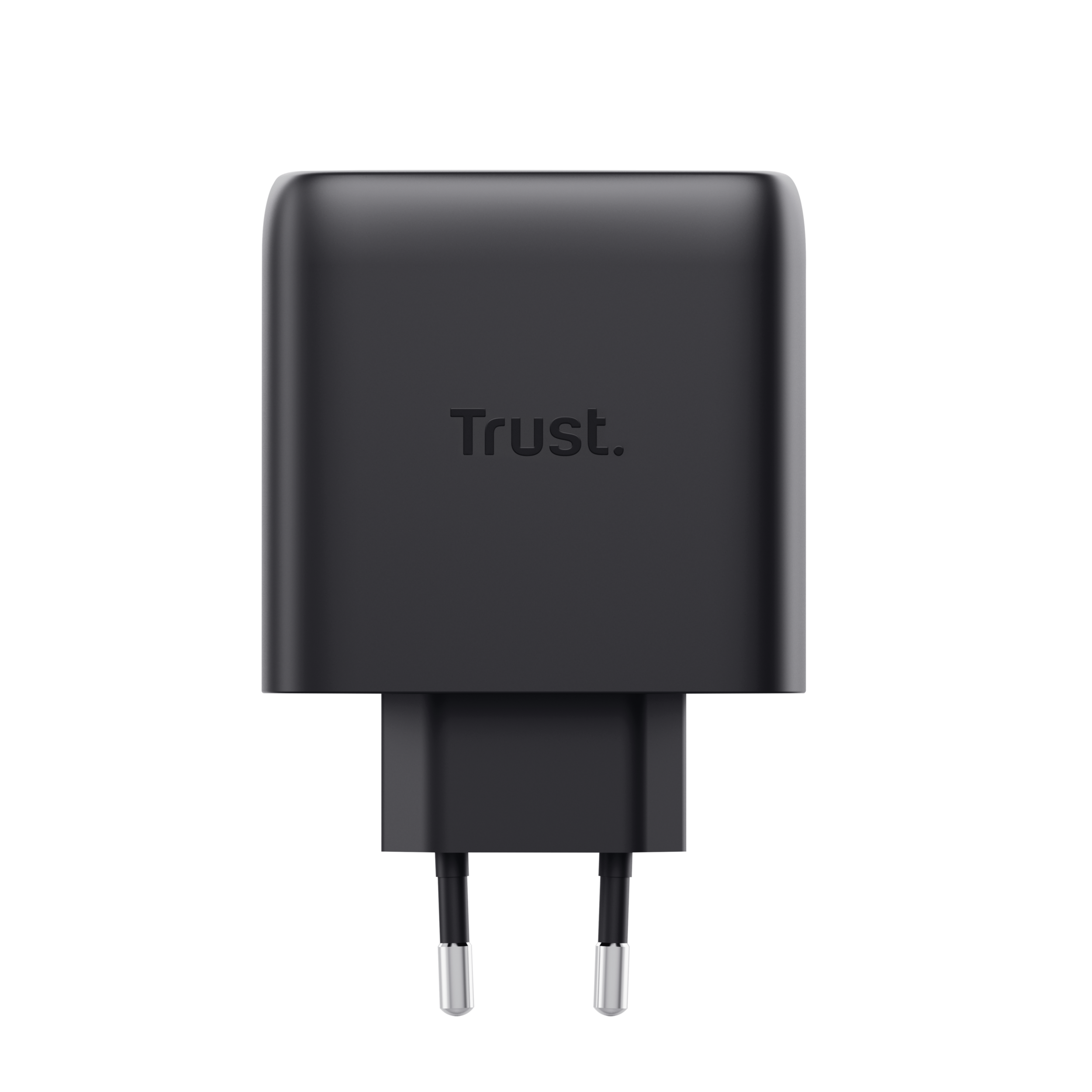 Egy fekete Trust hálózati adapter két ezüst csatlakozóval.