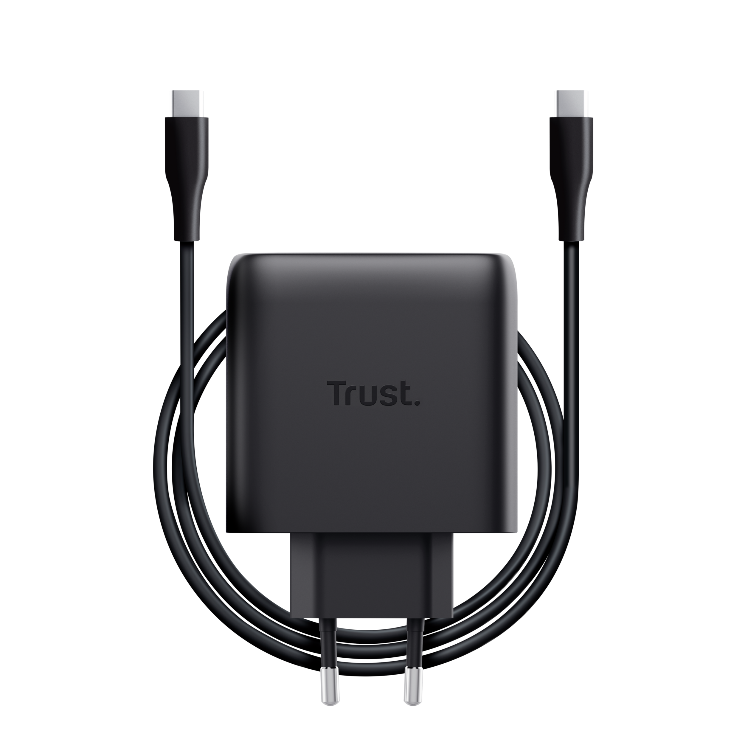 Egy fekete Trust hálózati adapter két USB-C kábellel fekete háttéren.