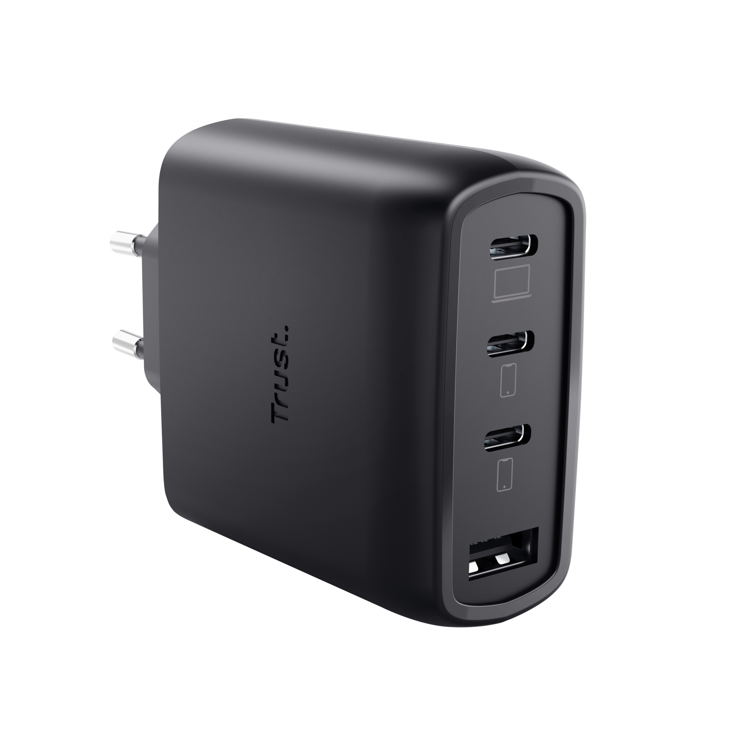 Fekete USB-C töltő három porttal és egy USB-A porttal.
