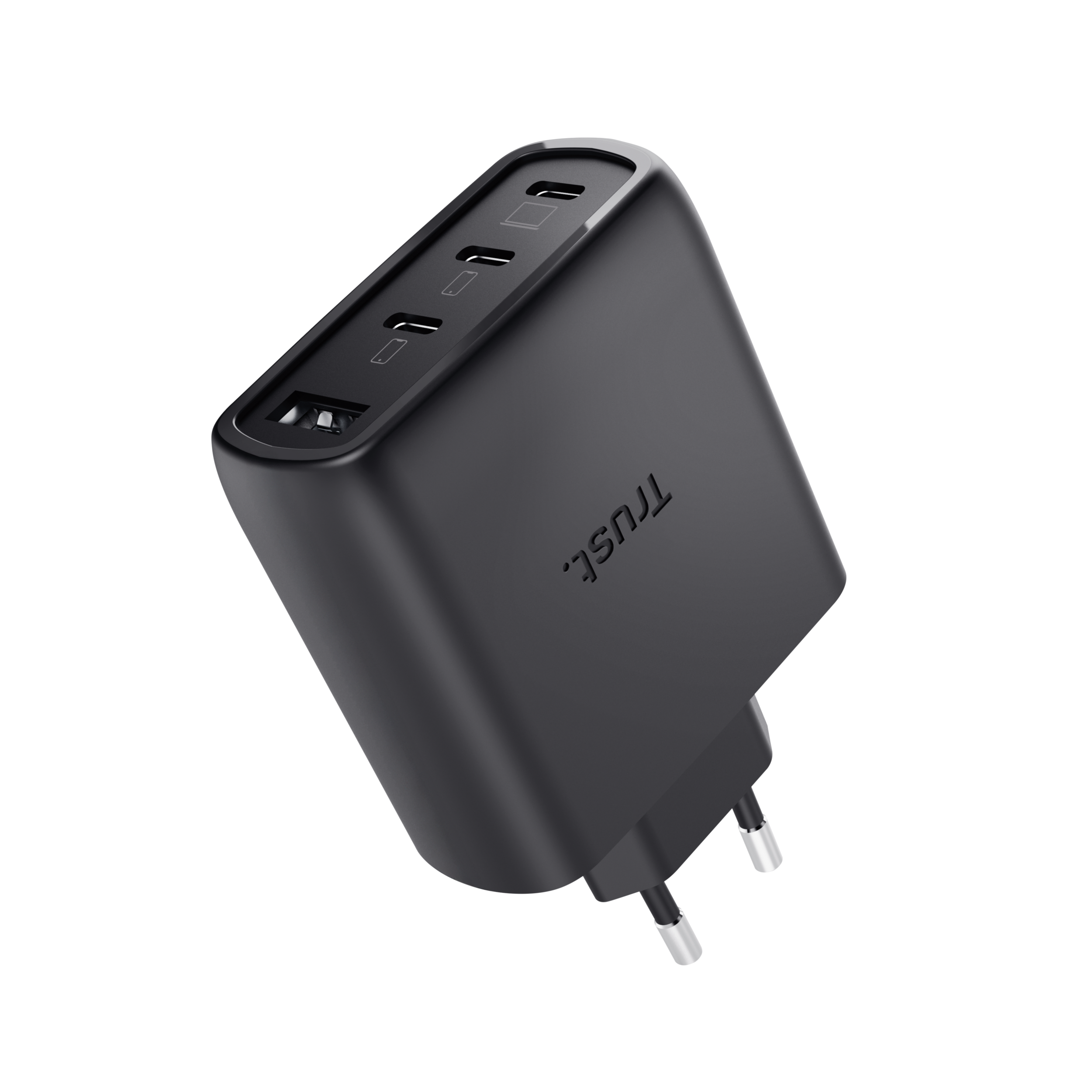 Fekete USB-C töltő három porttal és EU dugóval.