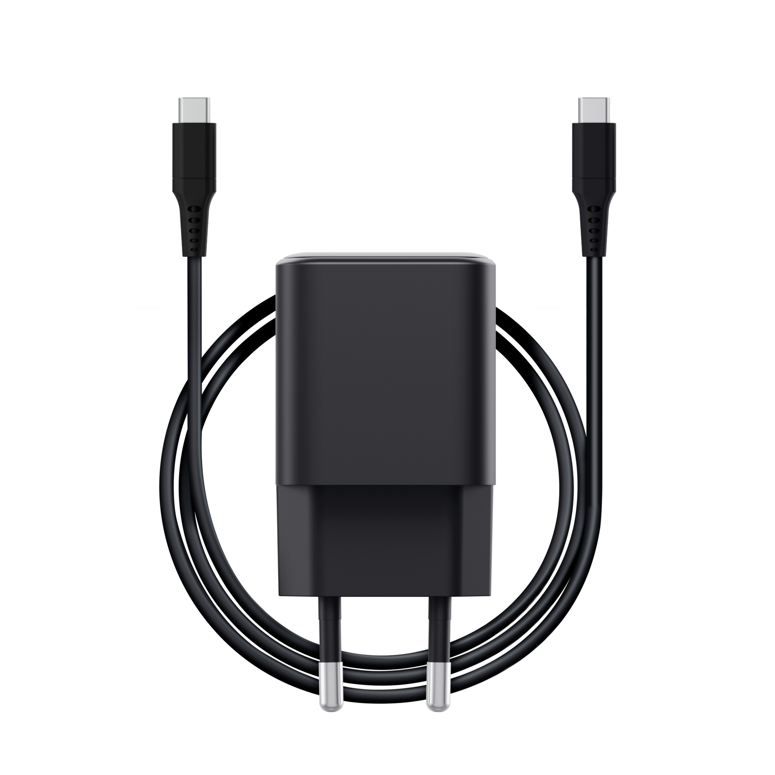 Egy fekete hálózati adapter két USB-C kábellel.